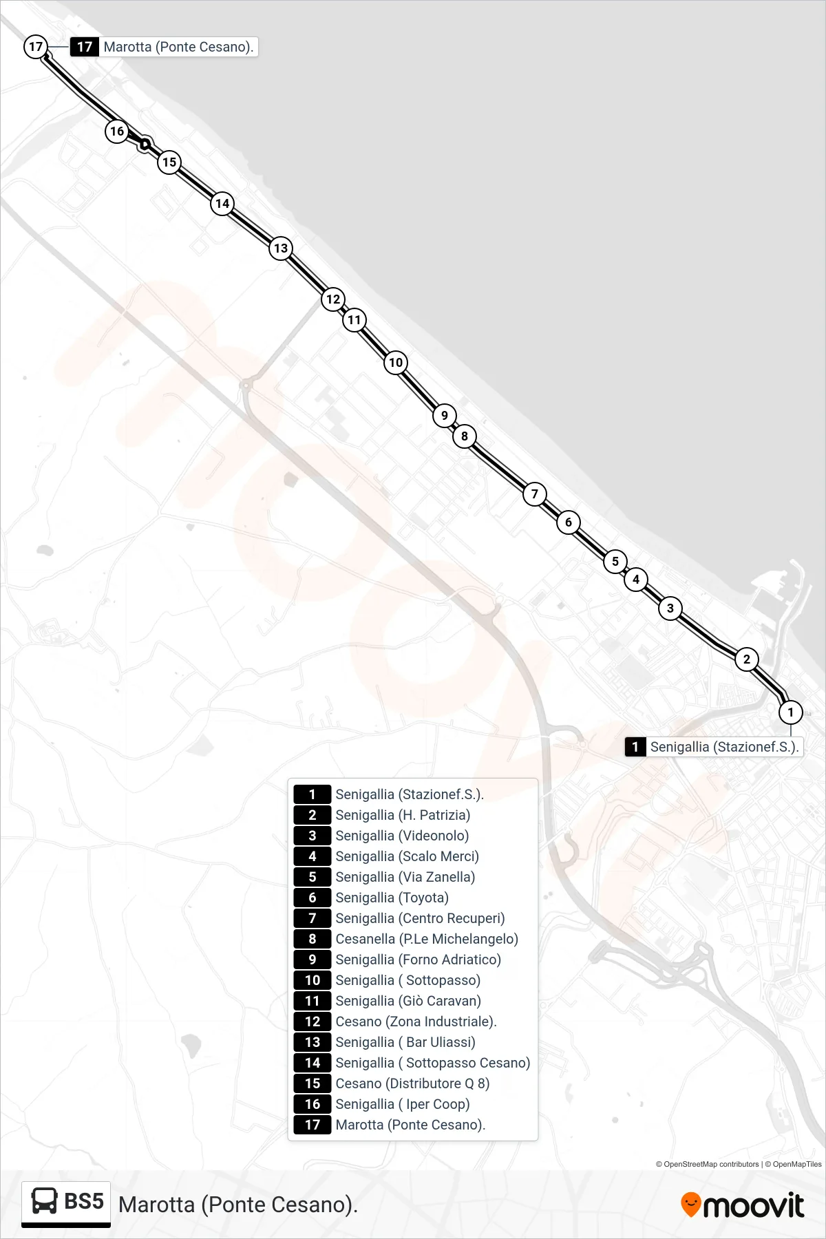 Linea BS5 bus (Marotta (Ponte Cesano).) - Percorsi e fermate sulla mappa