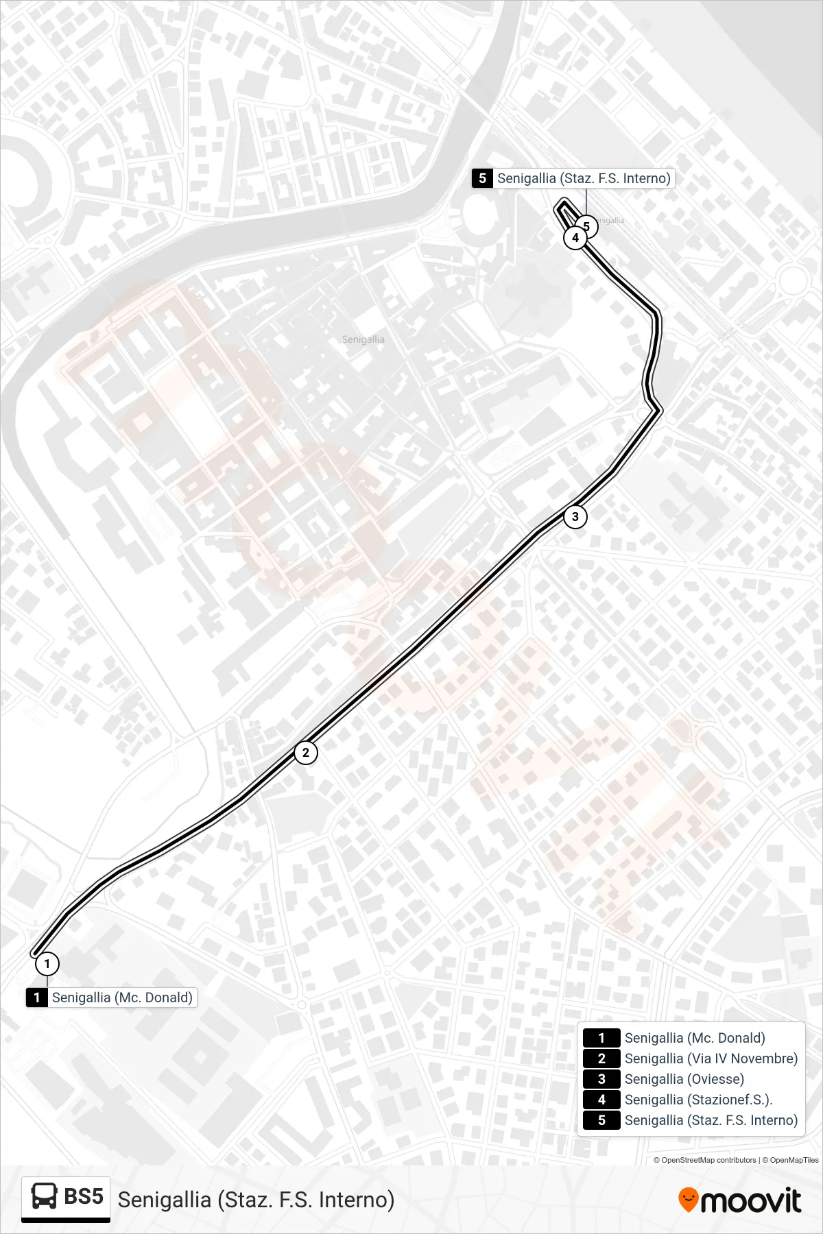 Linea BS5 bus (Senigallia (Staz. F.S. Interno)) - Percorsi e fermate sulla mappa