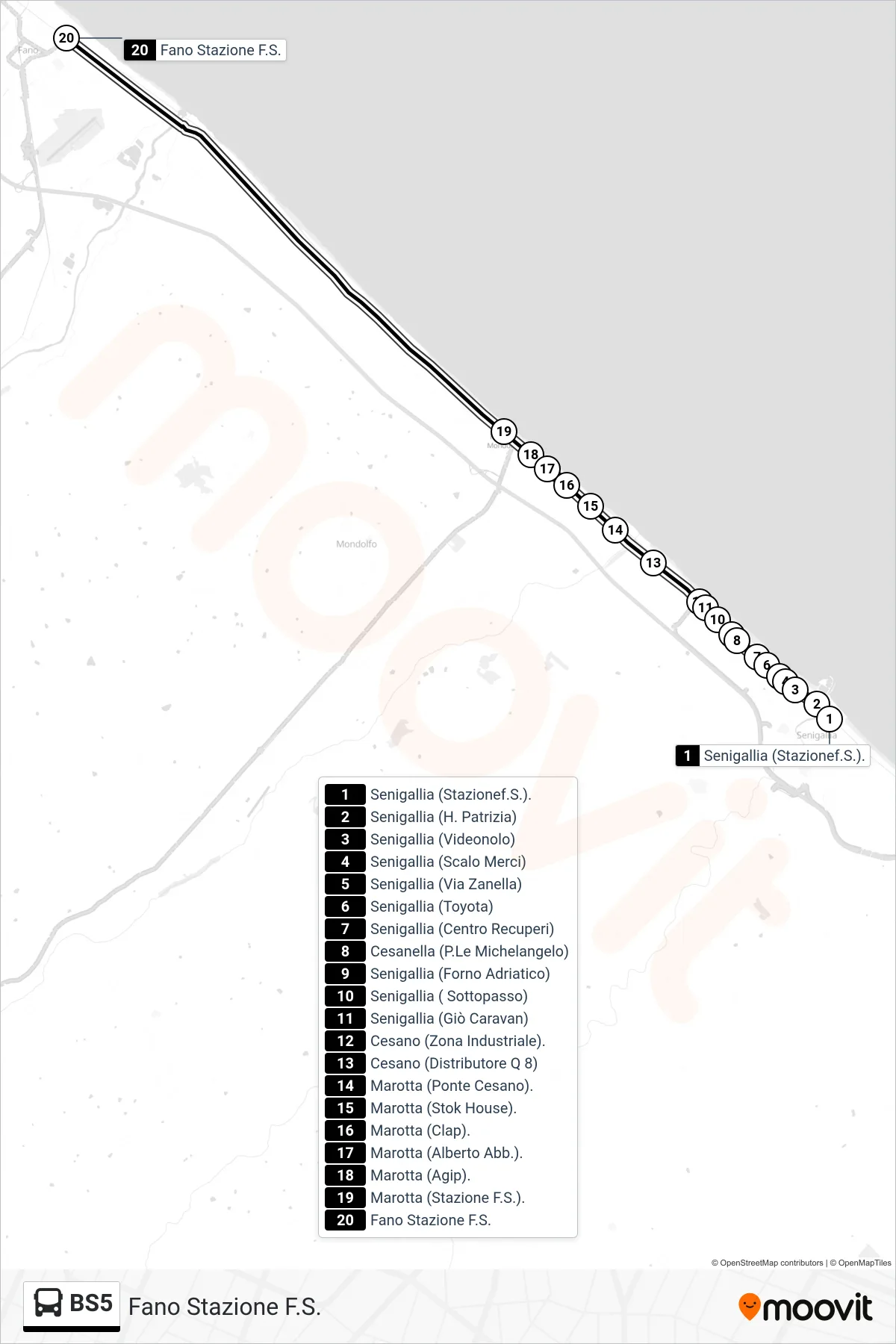 Linea BS5 bus (Fano Stazione F.S.) - Percorsi e fermate sulla mappa
