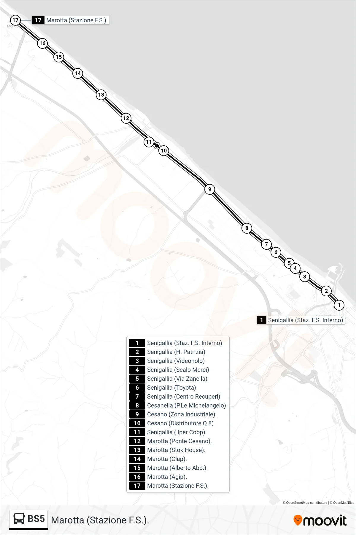 Linea BS5  bus (Marotta (Stazione F.S.).) - Percorsi e fermate sulla mappa