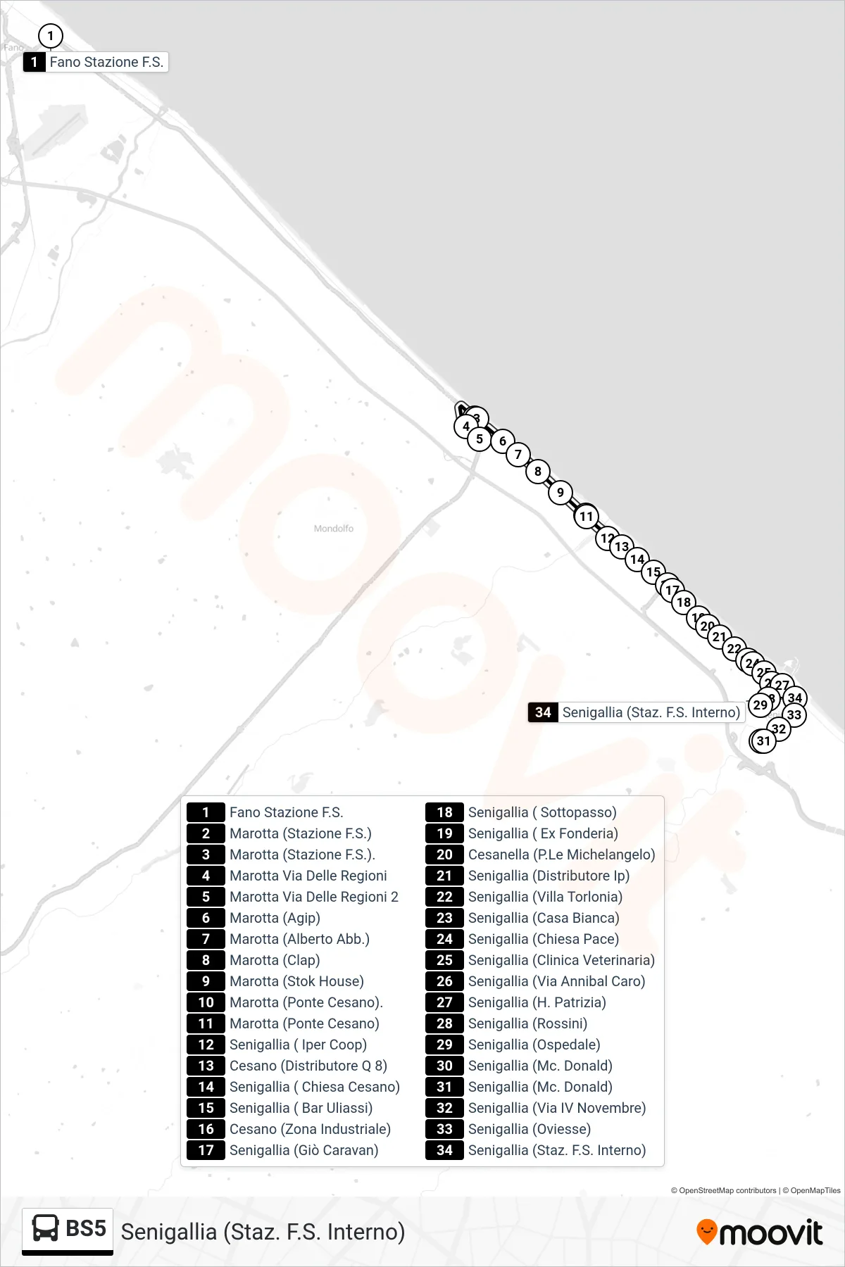 Linea BS5 bus (Senigallia (Staz. F.S. Interno)) - Percorsi e fermate sulla mappa
