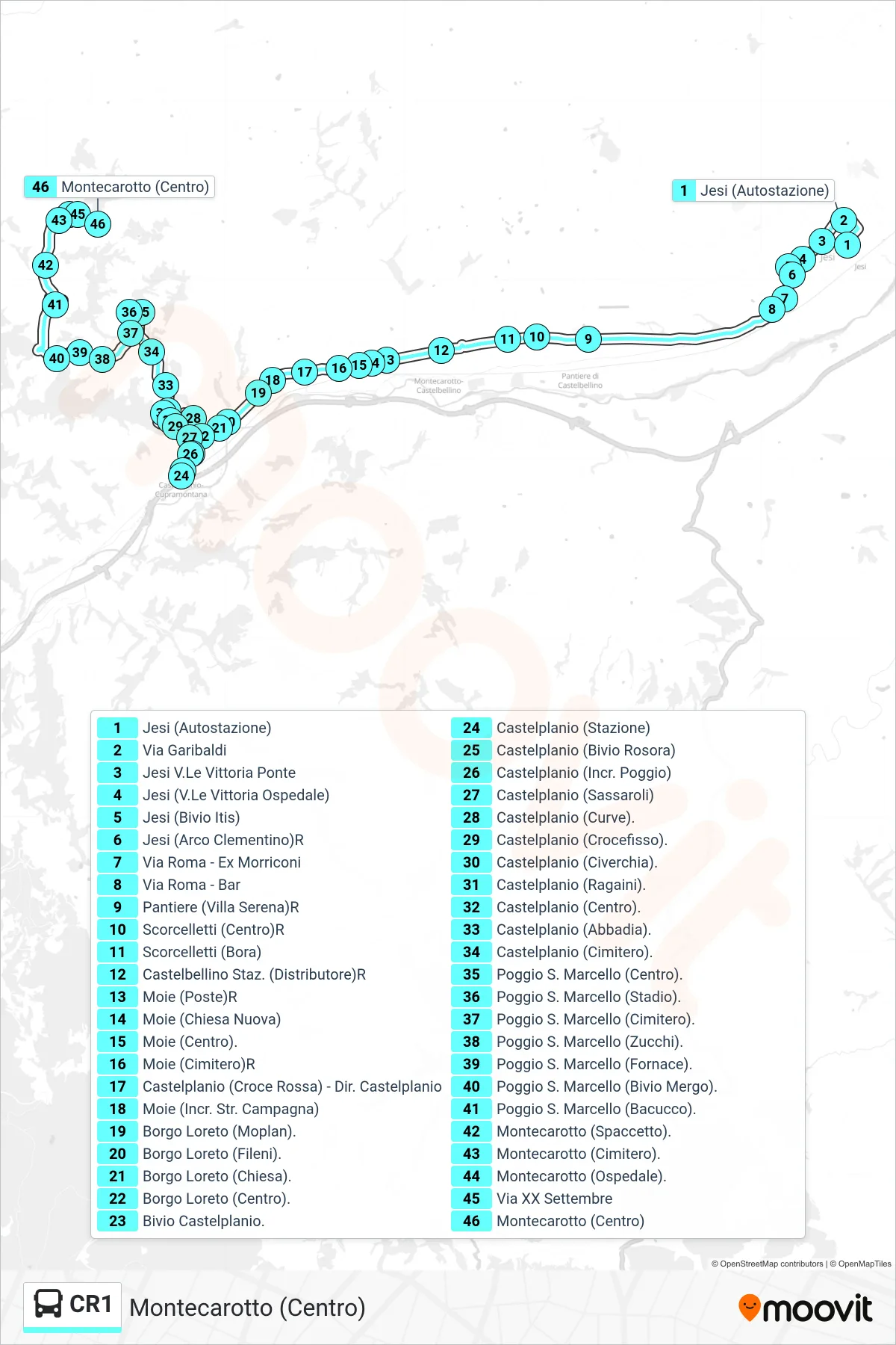 Linea CR1  bus (Montecarotto (Centro)) - Percorsi e fermate sulla mappa