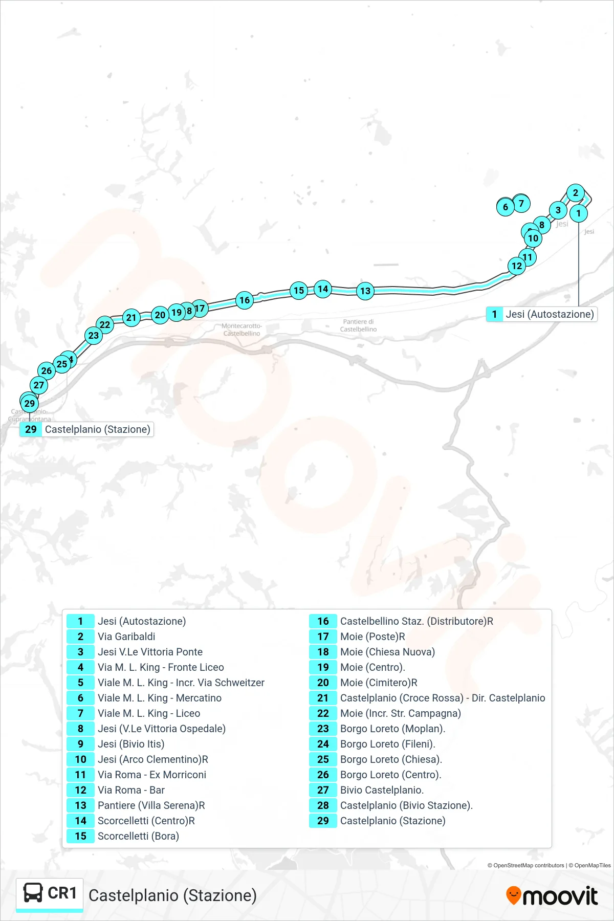 Linea CR1  bus (Castelplanio (Stazione)) - Percorsi e fermate sulla mappa