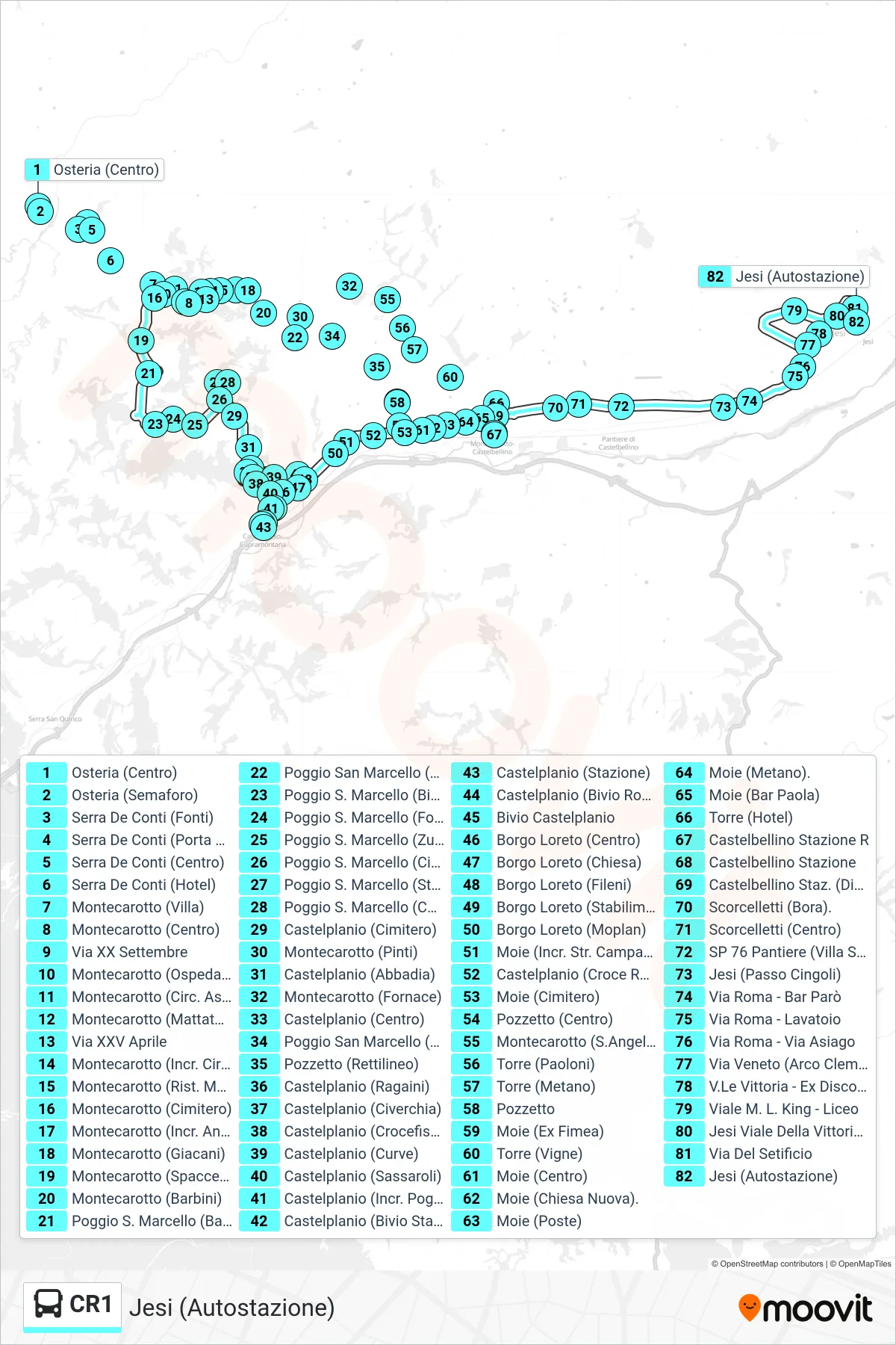 Linea CR1 bus (Jesi (Autostazione)) - Percorsi e fermate sulla mappa