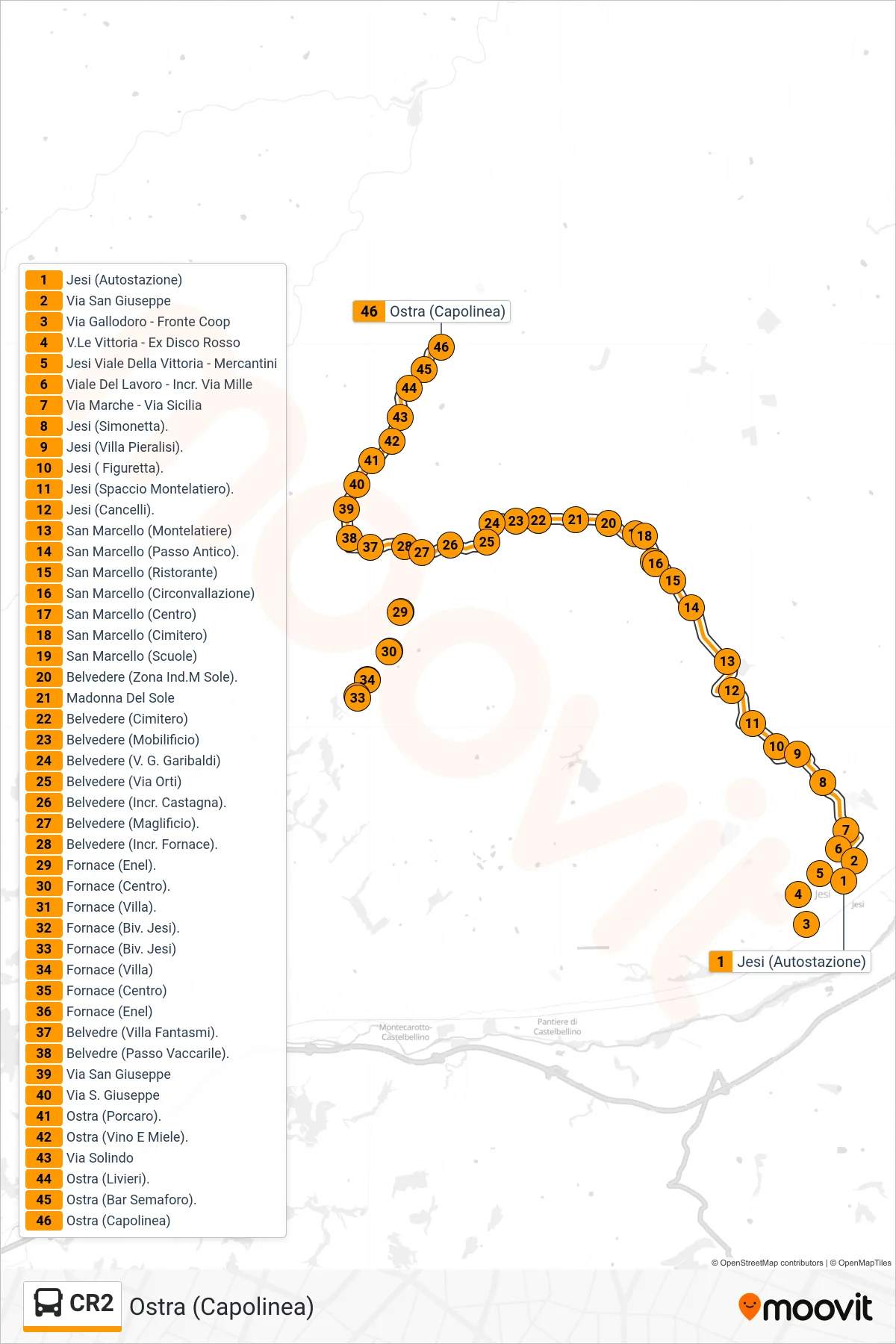 Linea CR2 bus (Ostra (Capolinea)) - Percorsi e fermate sulla mappa