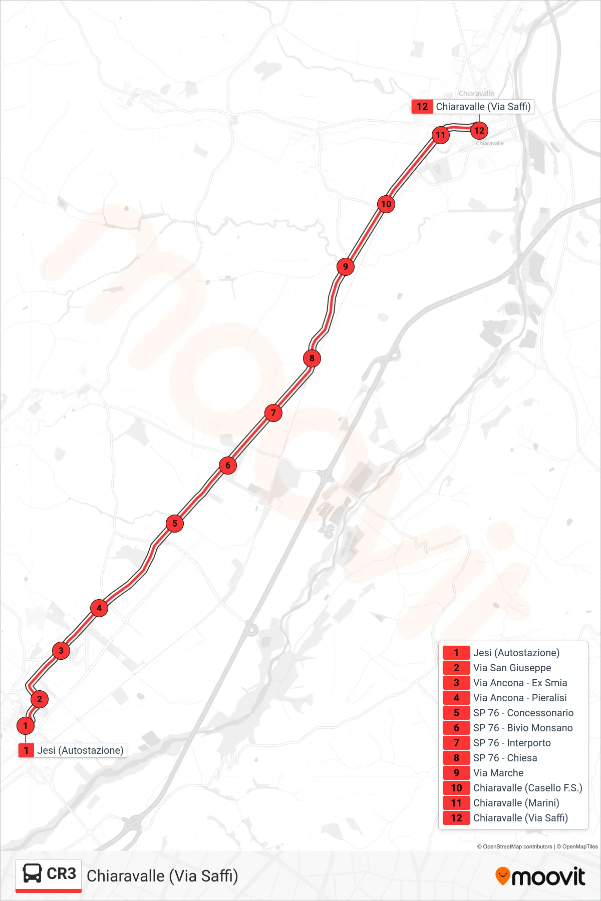 Linea CR3 bus (Chiaravalle (Via Saffi)) - Percorsi e fermate sulla mappa