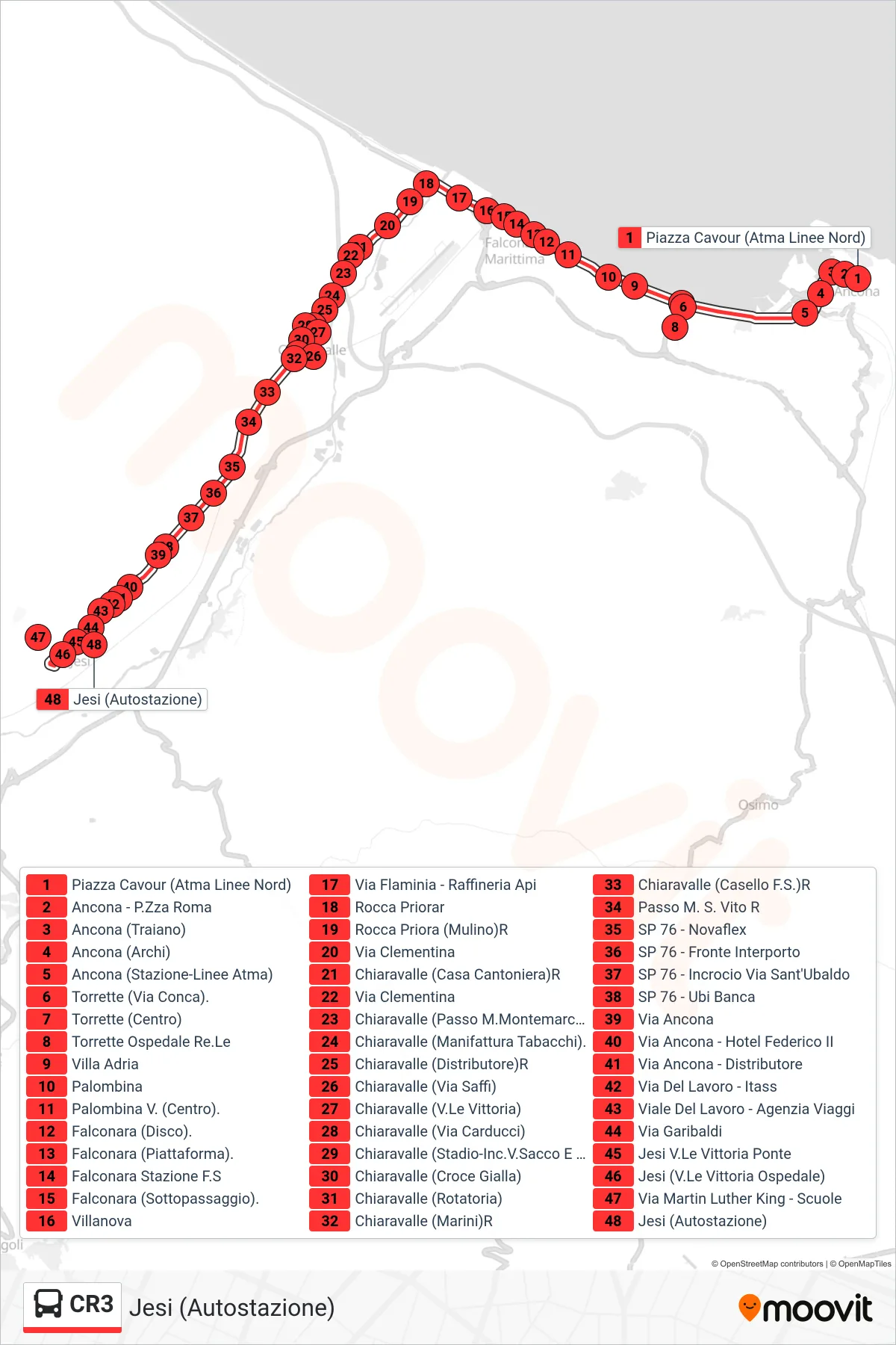 Linea CR3  bus (Jesi (Autostazione)) - Percorsi e fermate sulla mappa