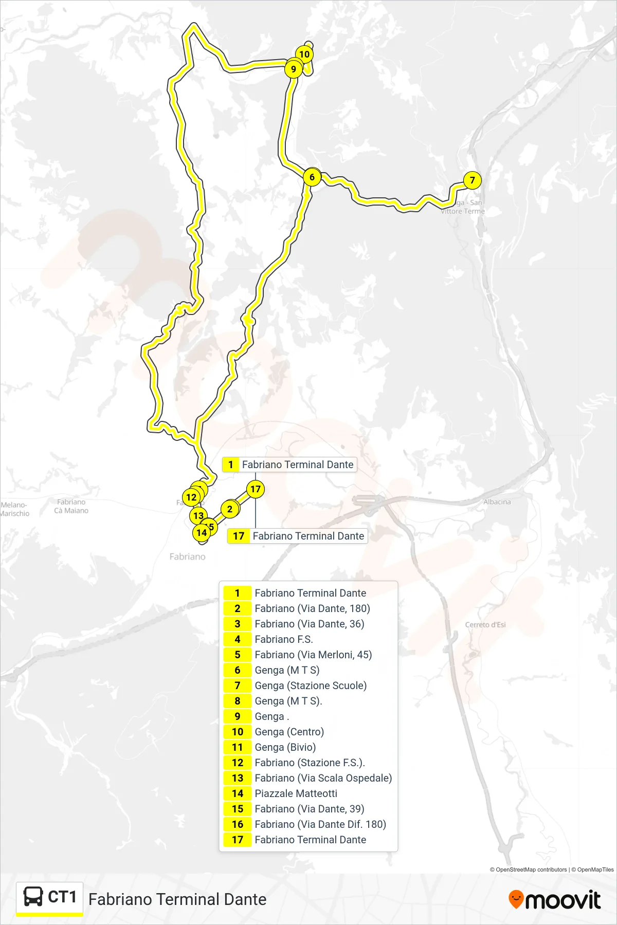 Linea CT1  bus (Fabriano  Terminal Dante) - Percorsi e fermate sulla mappa
