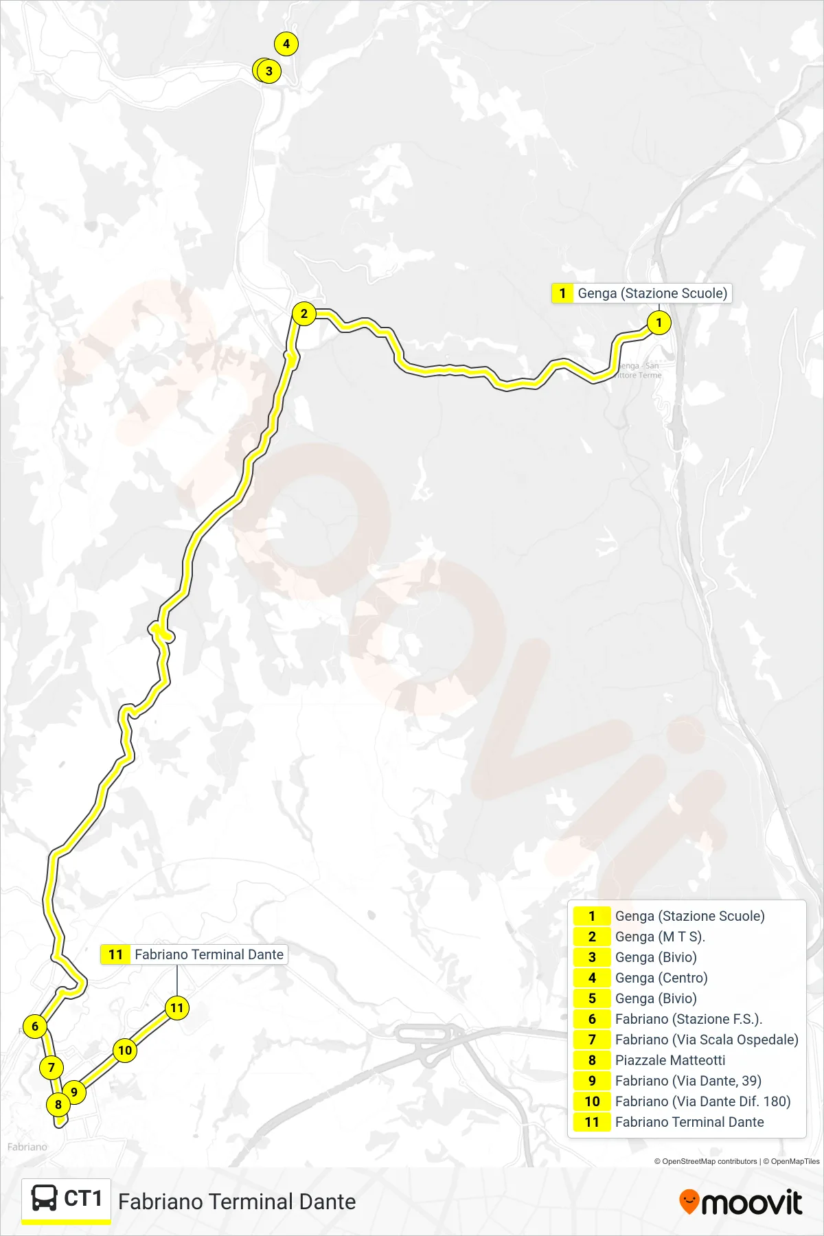 Linea CT1 bus (Fabriano Terminal Dante) - Percorsi e fermate sulla mappa