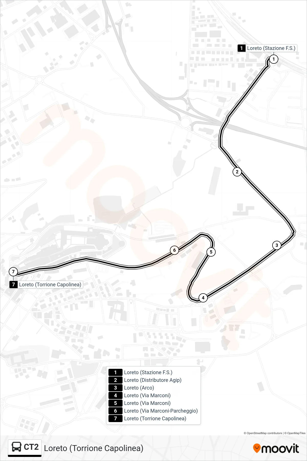Linea CT2 bus (Loreto (Torrione Capolinea)) - Percorsi e fermate sulla mappa