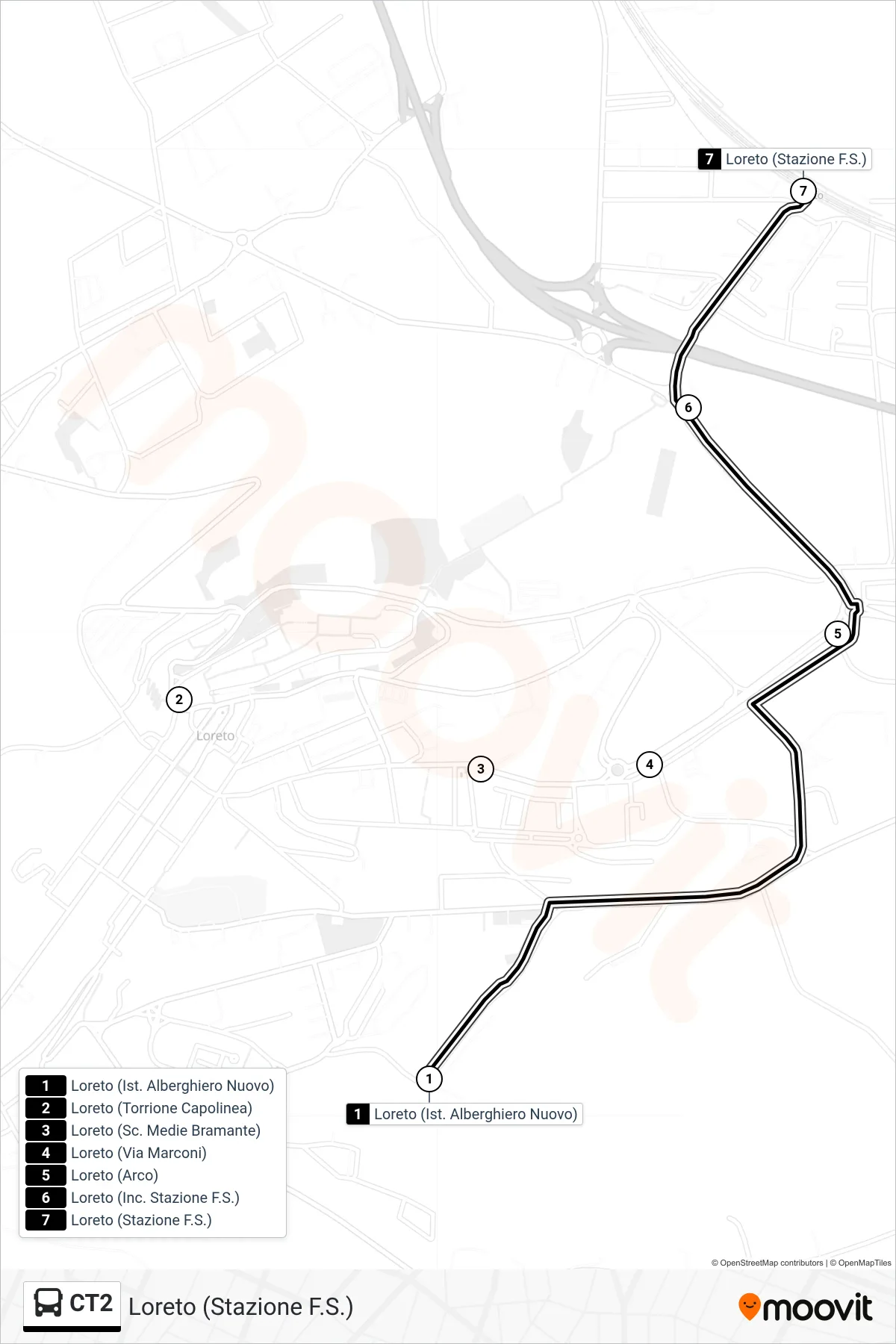 Linea CT2  bus (Loreto (Stazione F.S.)) - Percorsi e fermate sulla mappa