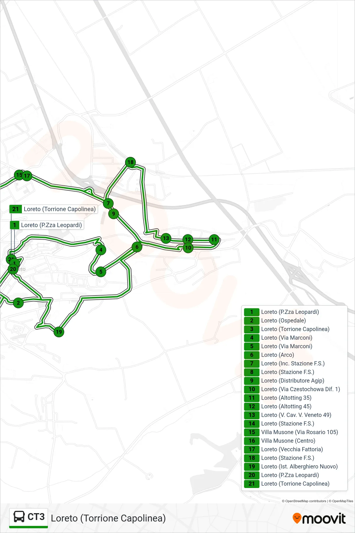 Linea CT3  bus (Loreto (Torrione Capolinea)) - Percorsi e fermate sulla mappa