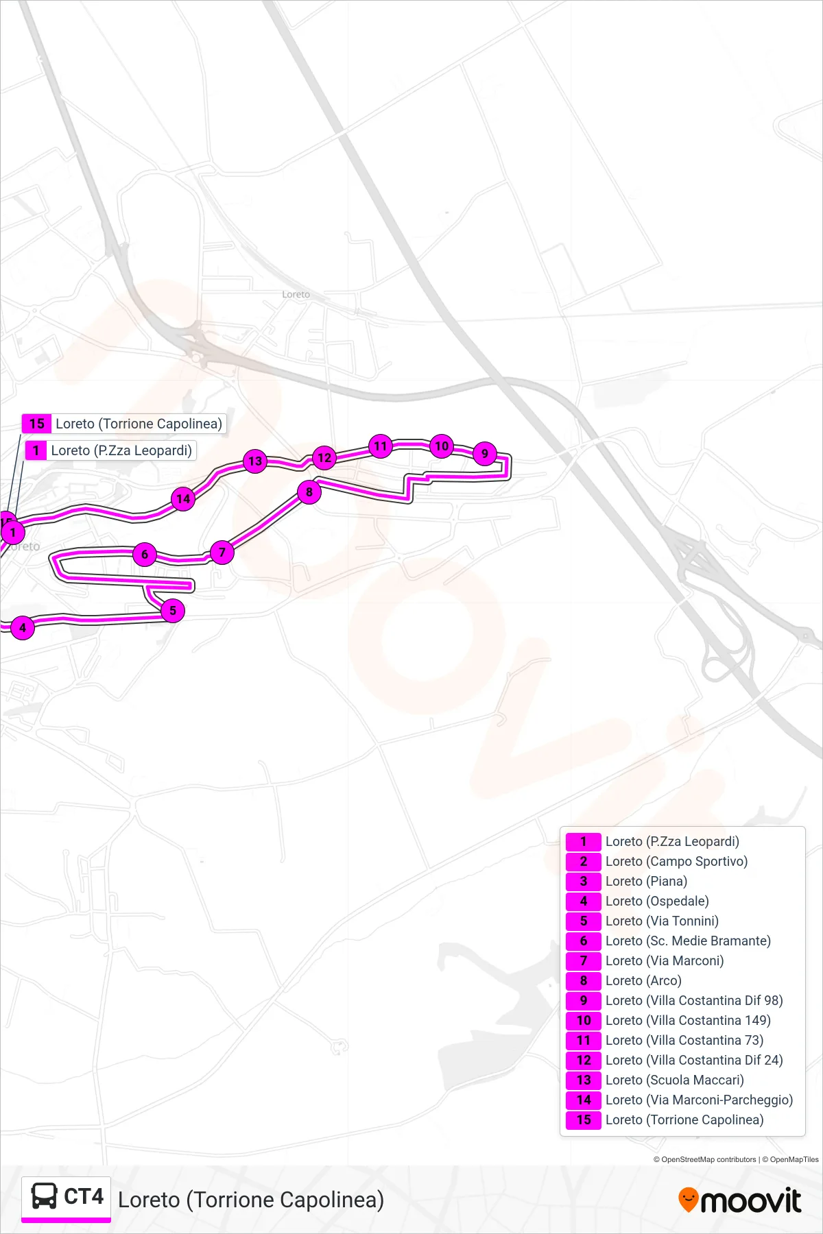 Linea CT4 bus (Loreto (Torrione Capolinea)) - Percorsi e fermate sulla mappa