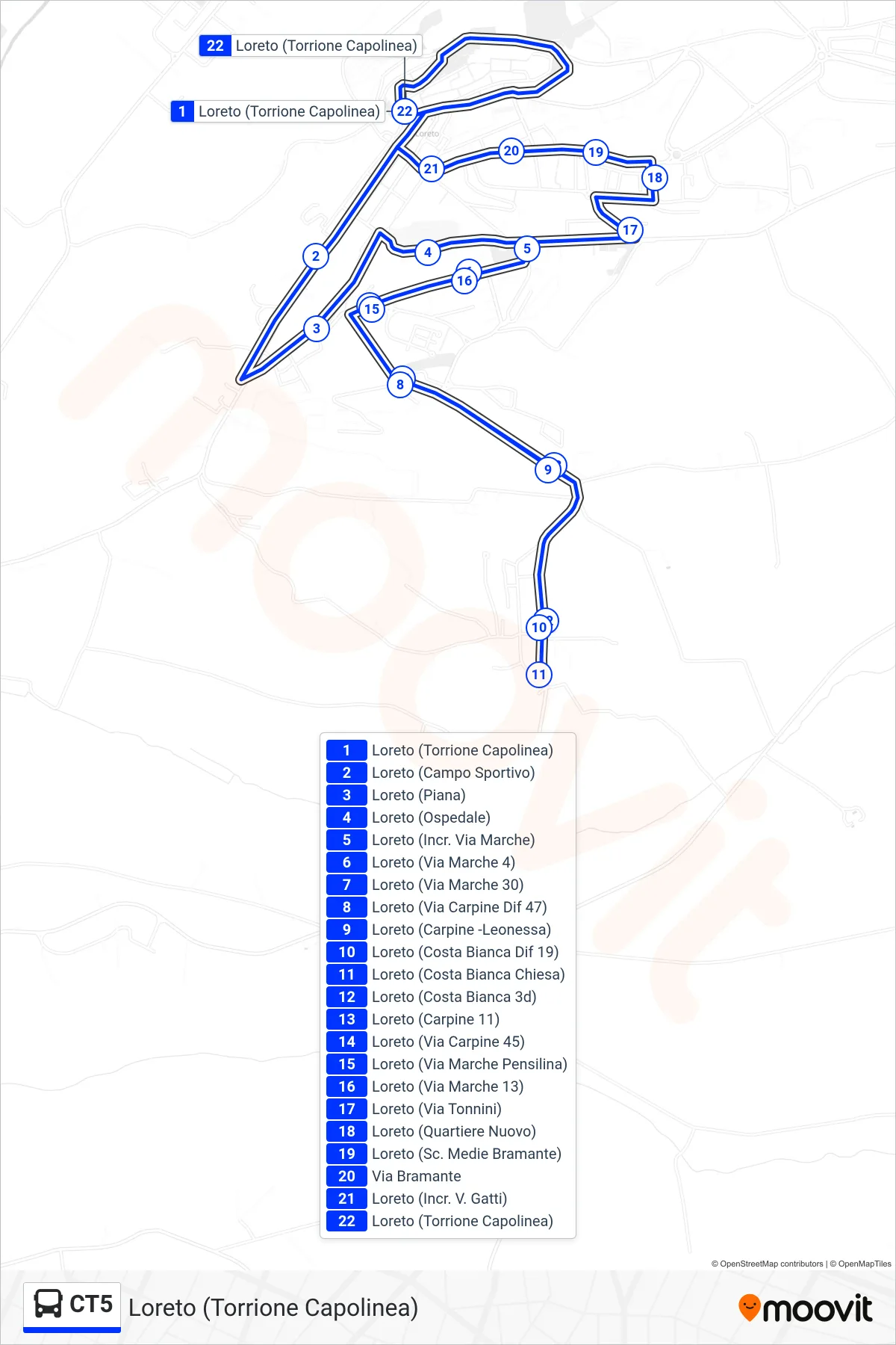 Linea CT5  bus (Loreto (Torrione Capolinea)) - Percorsi e fermate sulla mappa