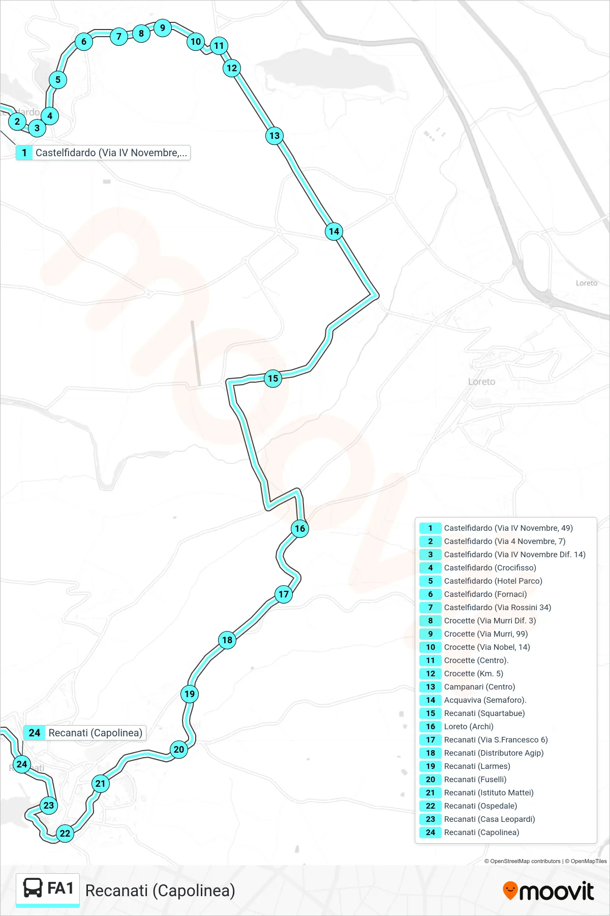 Linea FA1 bus (Recanati (Capolinea)) - Percorsi e fermate sulla mappa