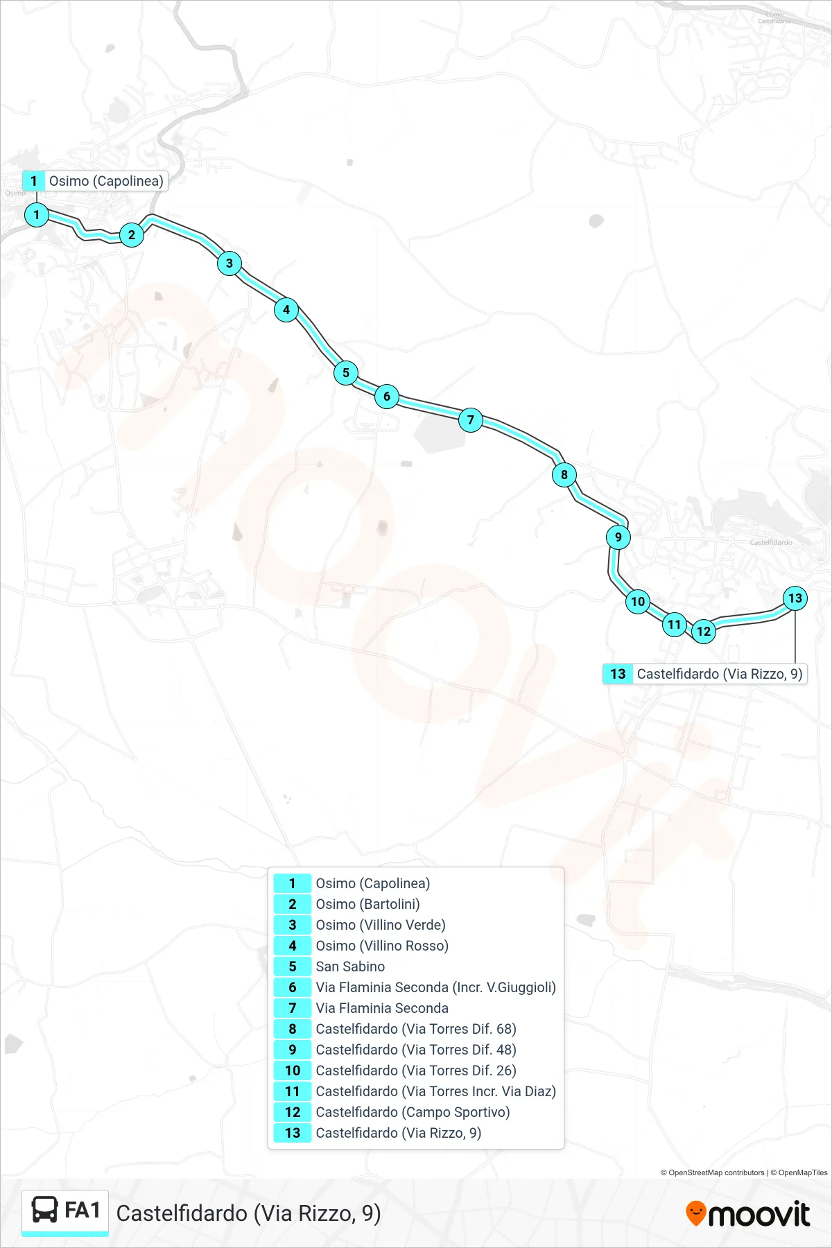 Linea FA1 bus (Castelfidardo (Via Rizzo, 9)) - Percorsi e fermate sulla mappa
