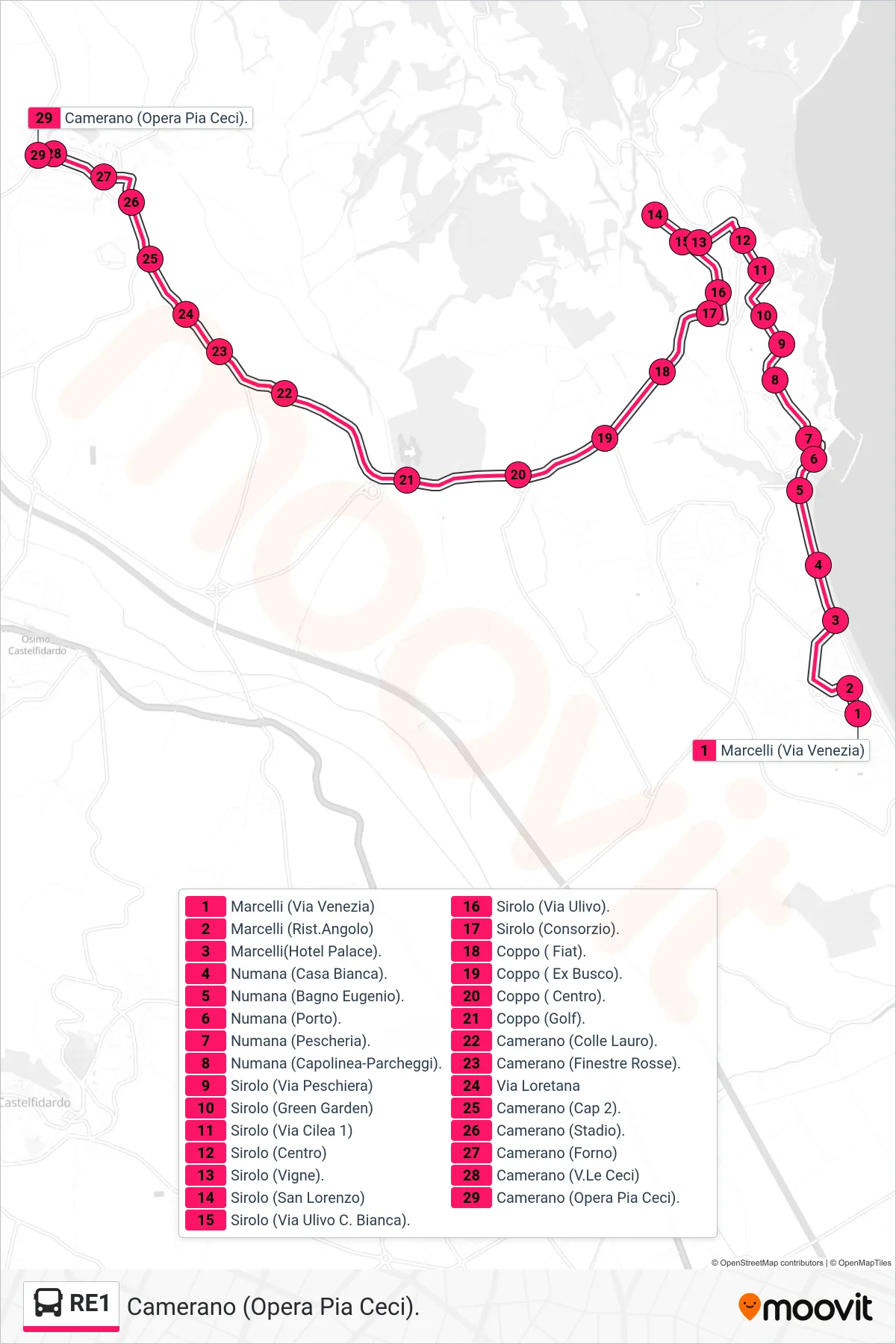 Linea RE1  bus (Camerano (Opera Pia Ceci).) - Percorsi e fermate sulla mappa