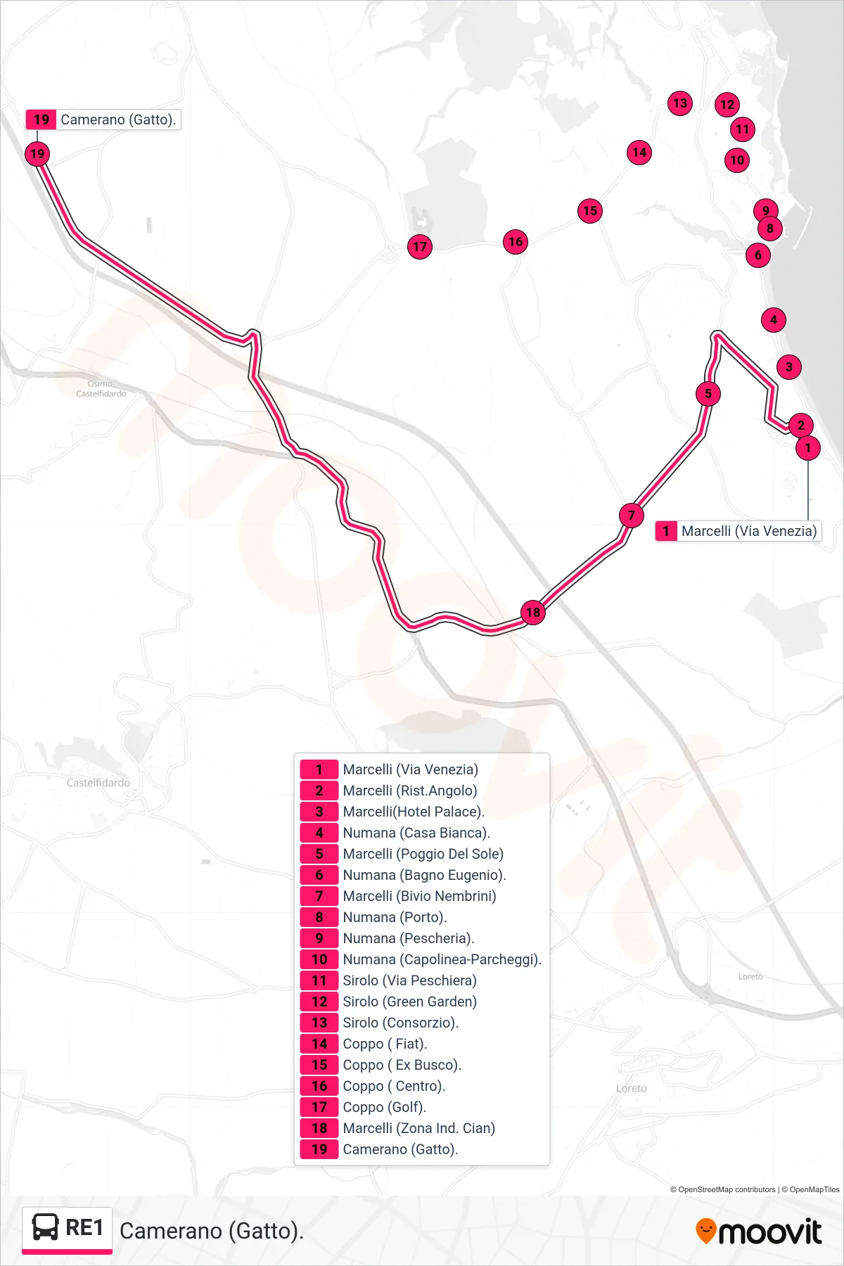 Linea RE1 bus (Camerano (Gatto).) - Percorsi e fermate sulla mappa