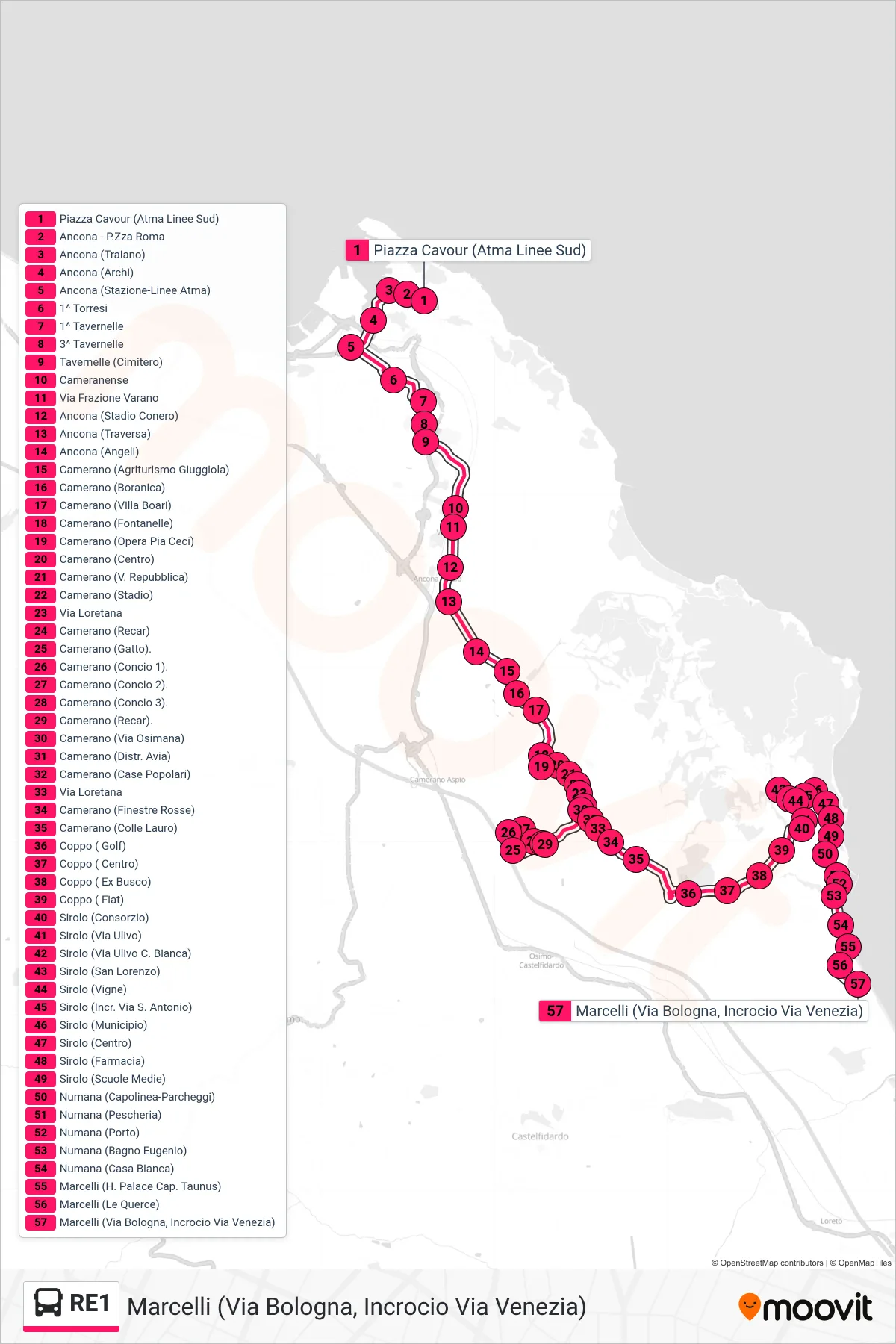Linea RE1  bus (Marcelli (Via Bologna, Incrocio Via Venezia)) - Percorsi e fermate sulla mappa