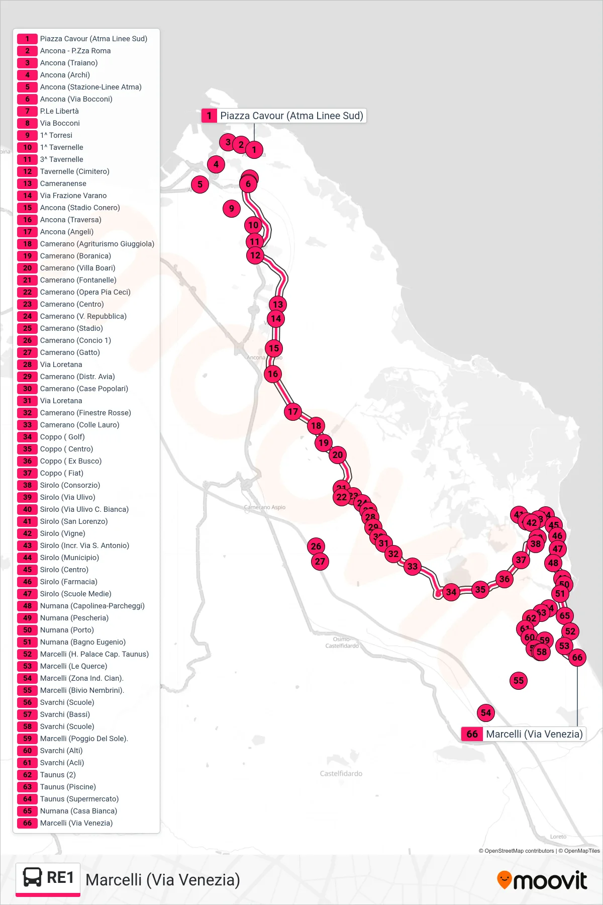Linea RE1  bus (Marcelli (Via Venezia)) - Percorsi e fermate sulla mappa