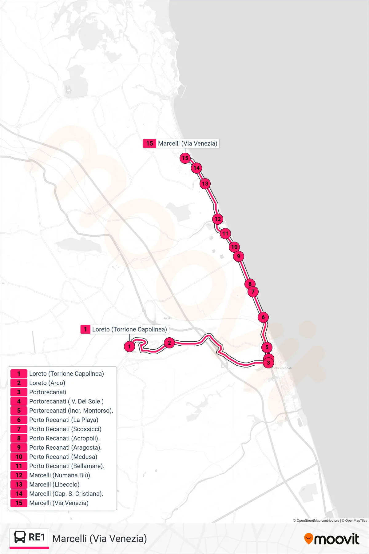 Linea RE1 bus (Marcelli (Via Venezia)) - Percorsi e fermate sulla mappa