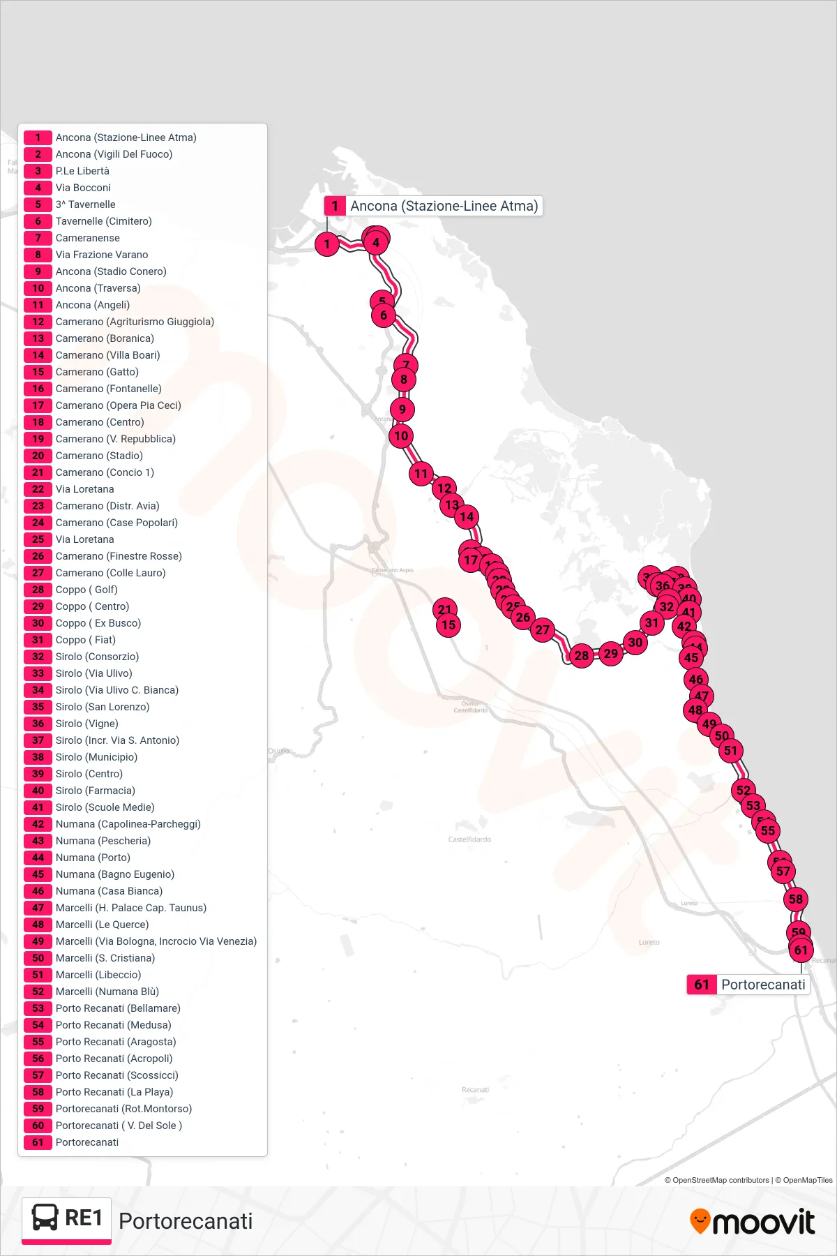 Linea RE1  bus (Portorecanati) - Percorsi e fermate sulla mappa