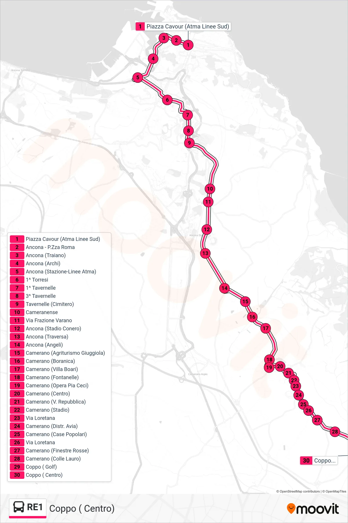 Linea RE1 bus (Coppo ( Centro)) - Percorsi e fermate sulla mappa