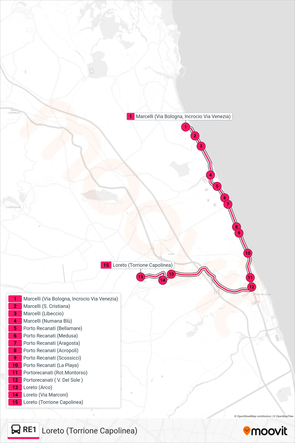 Linea RE1 bus (Loreto (Torrione Capolinea)) - Percorsi e fermate sulla mappa