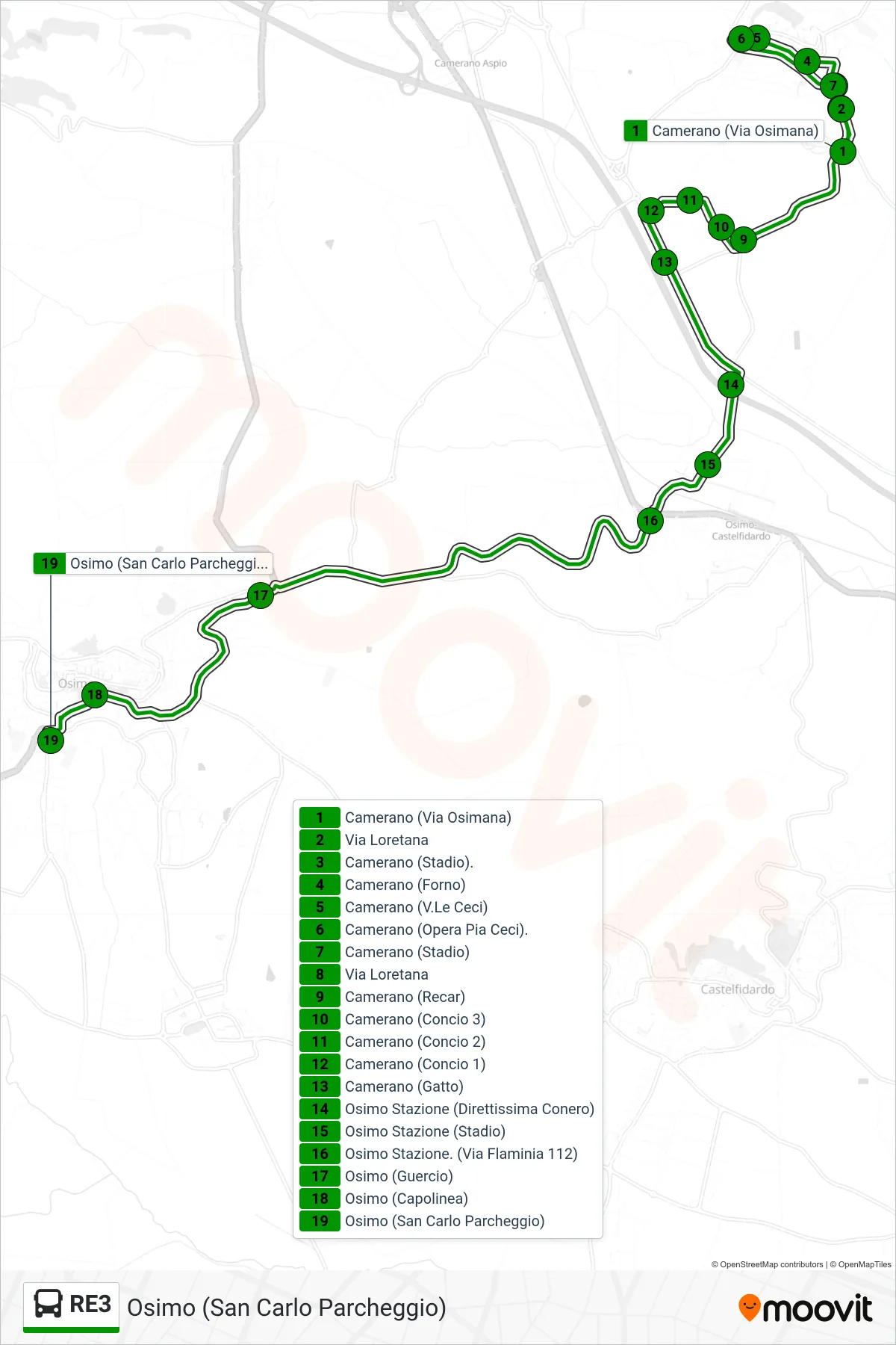 Linea RE3  bus (Osimo (San Carlo Parcheggio)) - Percorsi e fermate sulla mappa
