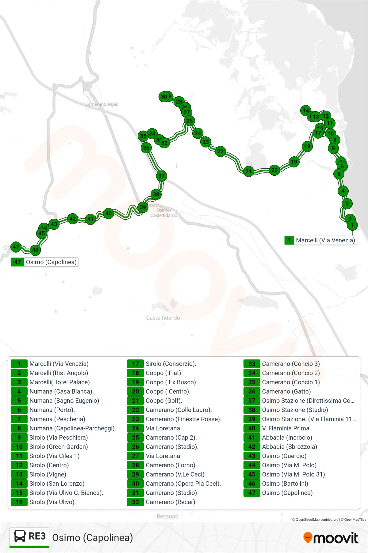 Linea RE3 bus (Osimo (Capolinea)) - Percorsi e fermate sulla mappa