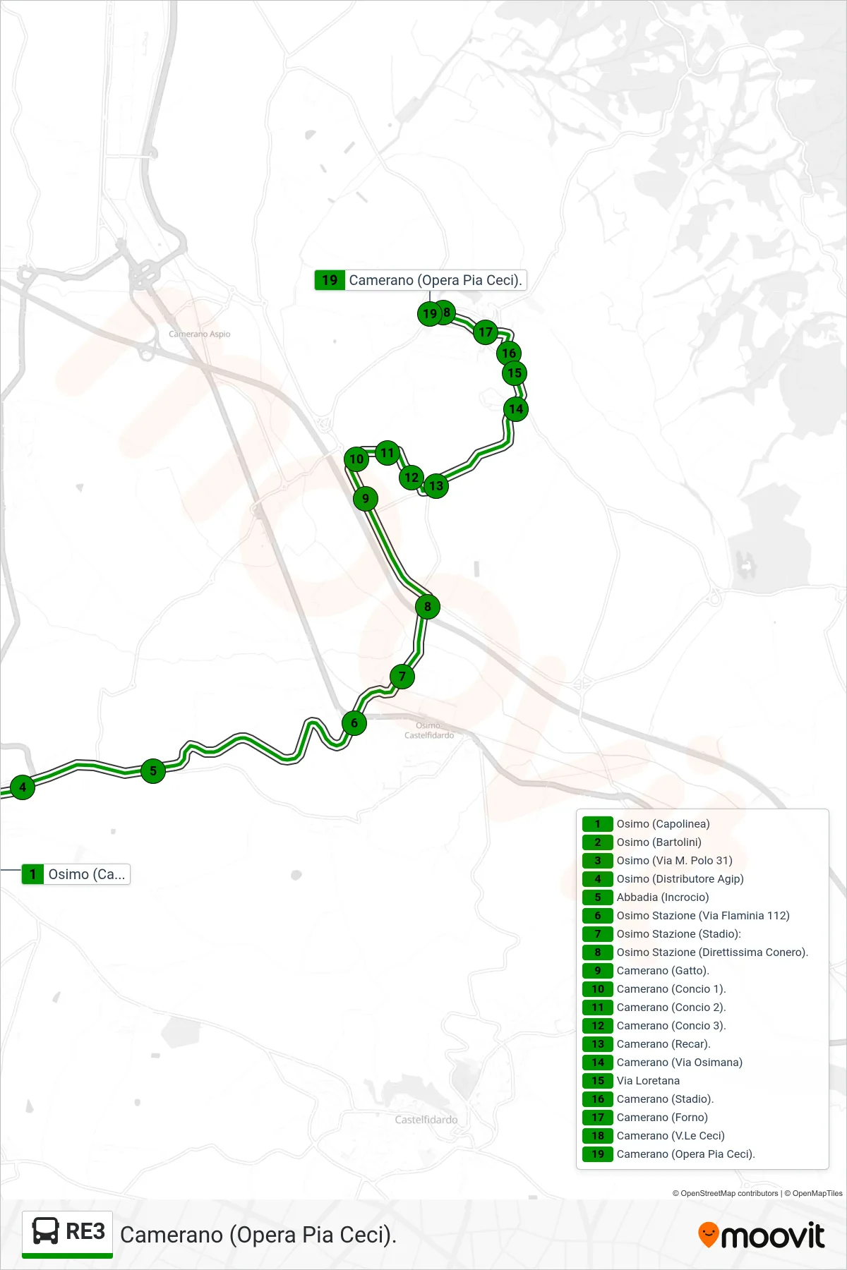Linea RE3  bus (Camerano (Opera Pia Ceci).) - Percorsi e fermate sulla mappa