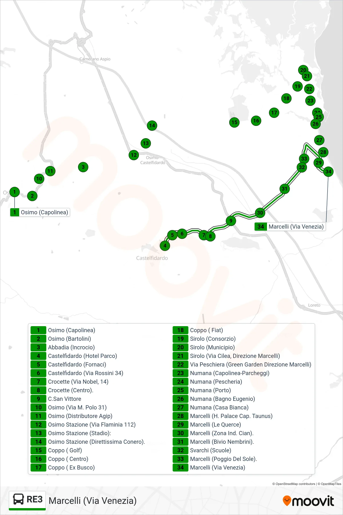 Linea RE3 bus (Marcelli (Via Venezia)) - Percorsi e fermate sulla mappa
