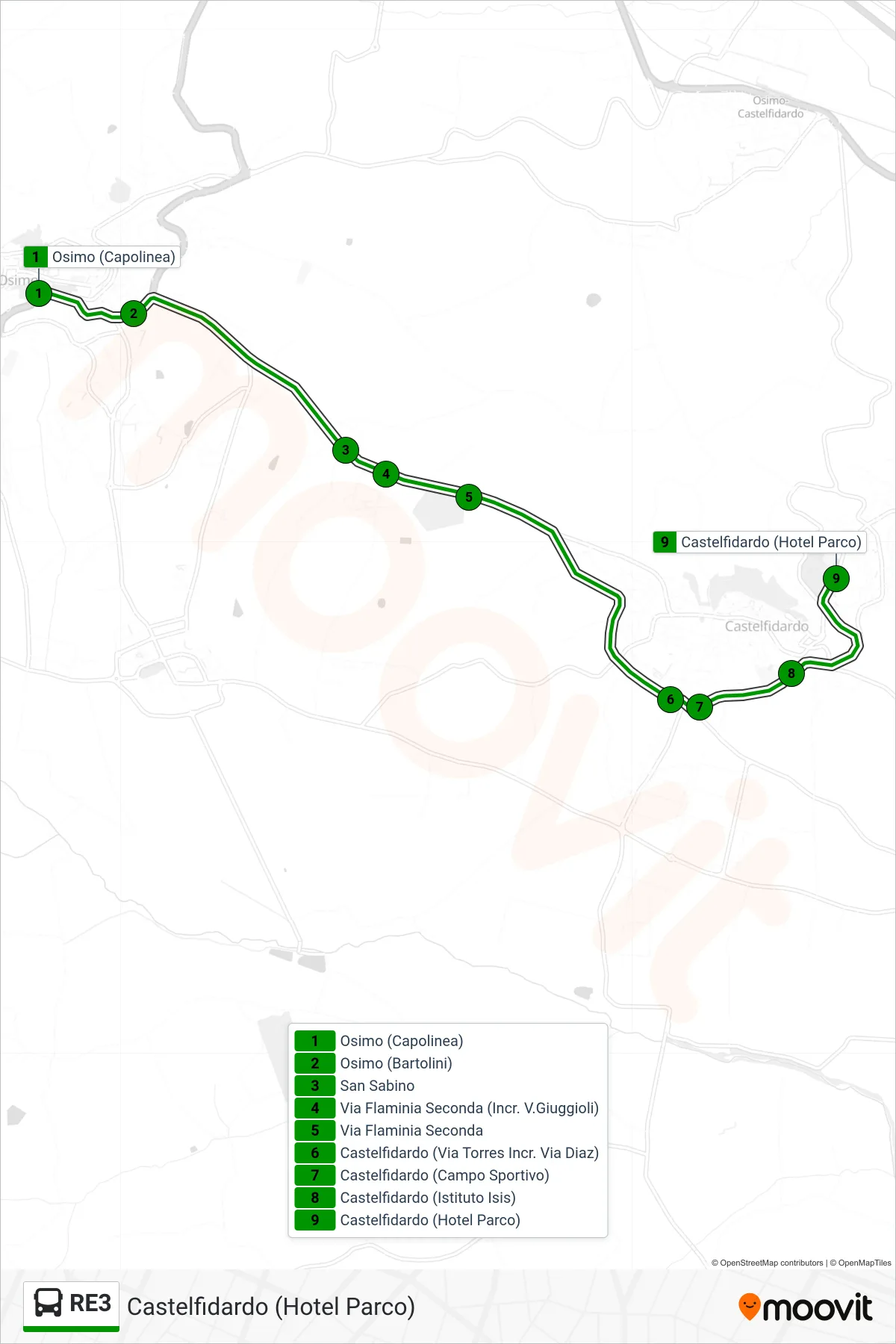 Linea RE3 bus (Castelfidardo (Hotel Parco)) - Percorsi e fermate sulla mappa