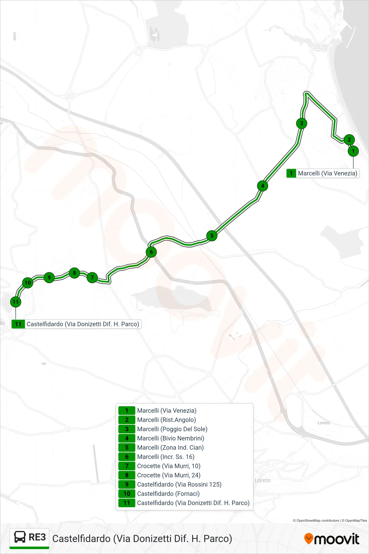 Linea RE3 bus (Castelfidardo (Via Donizetti Dif. H. Parco)) - Percorsi e fermate sulla mappa