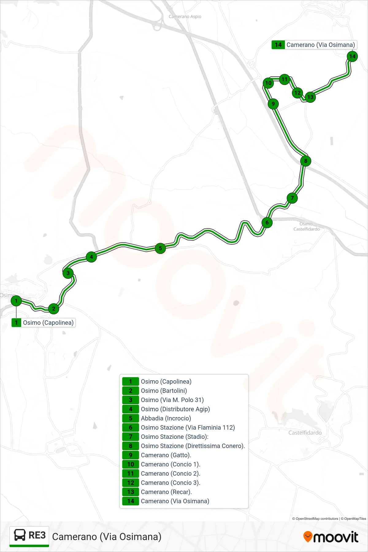 Linea RE3 bus (Camerano (Via Osimana)) - Percorsi e fermate sulla mappa