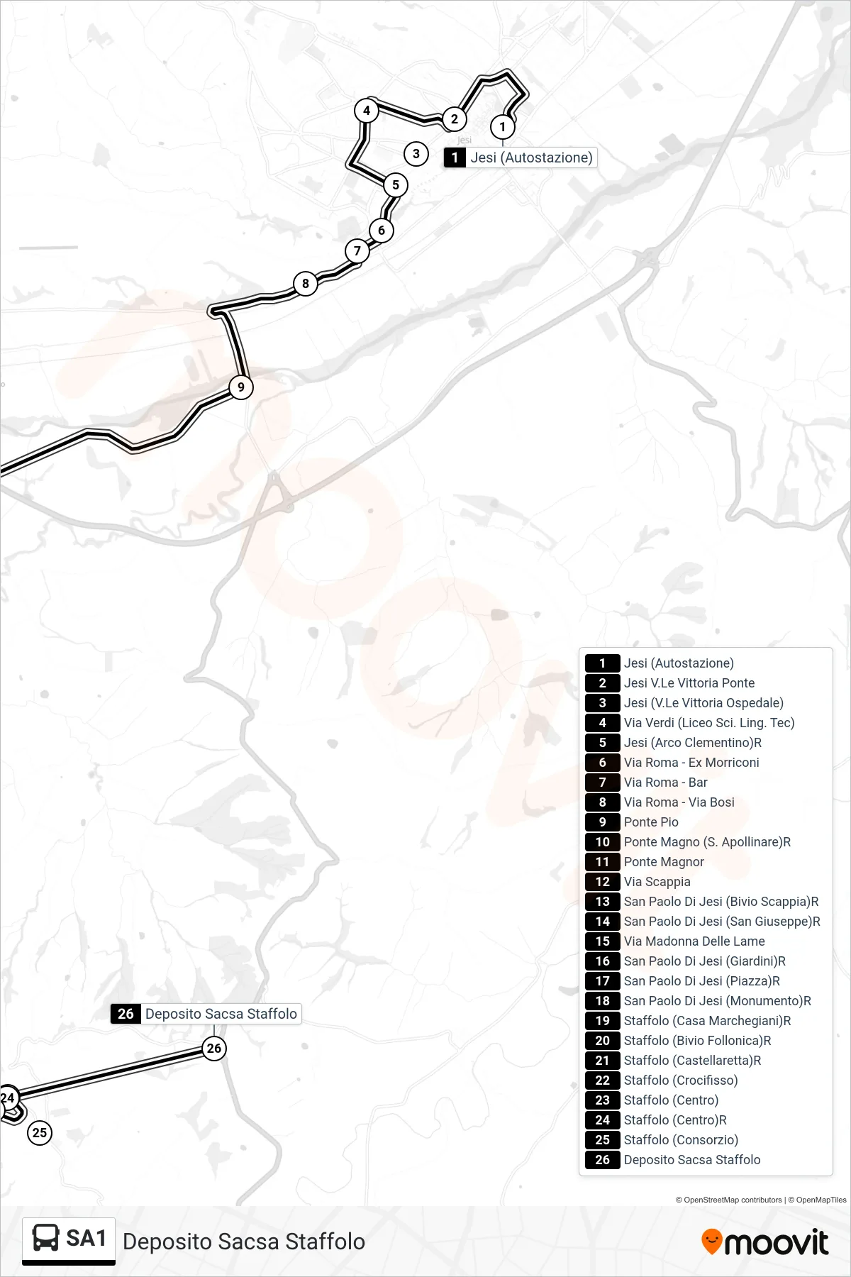 Linea SA1 bus (Deposito Sacsa Staffolo) - Percorsi e fermate sulla mappa