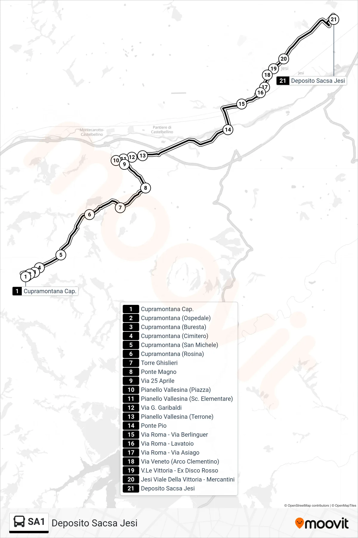 Linea SA1 bus (Deposito Sacsa Jesi) - Percorsi e fermate sulla mappa