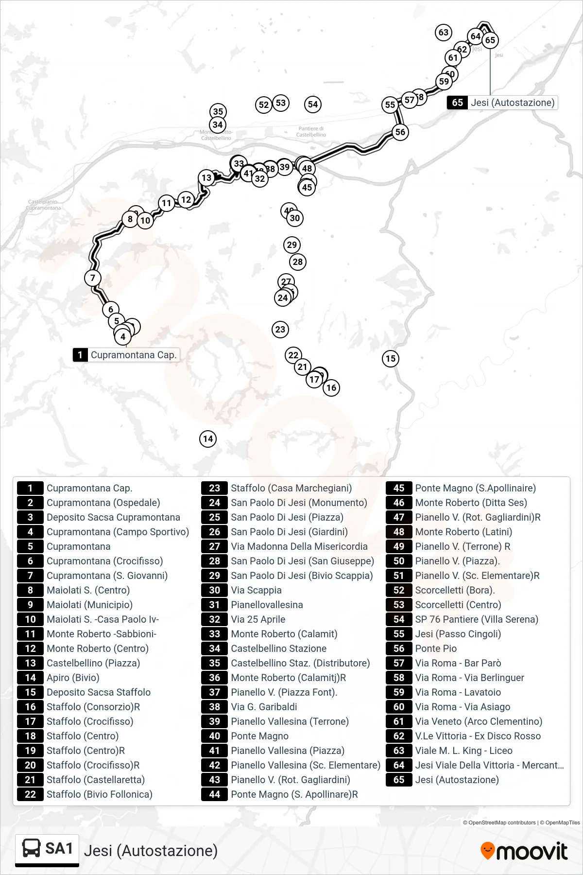 Linea SA1 bus (Jesi (Autostazione)) - Percorsi e fermate sulla mappa