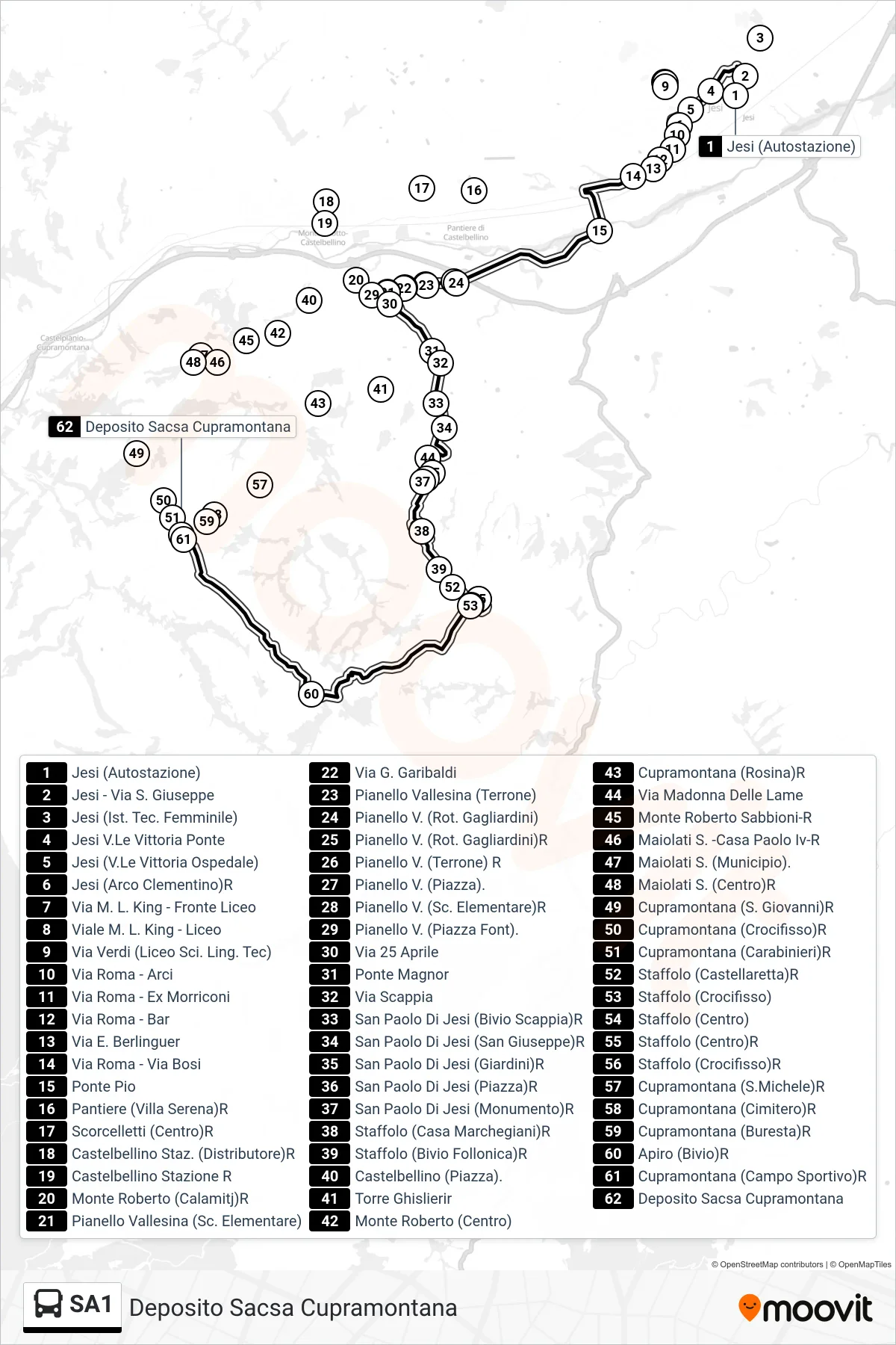 Linea SA1 bus (Deposito Sacsa Cupramontana) - Percorsi e fermate sulla mappa
