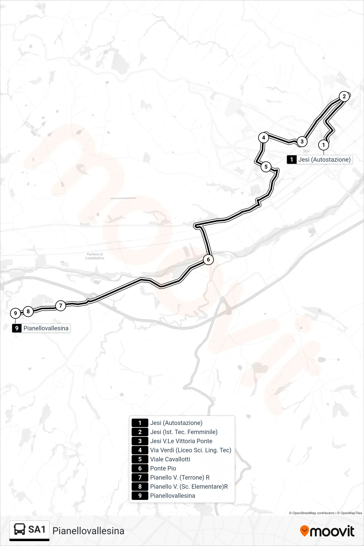 Linea SA1 bus (Pianellovallesina) - Percorsi e fermate sulla mappa
