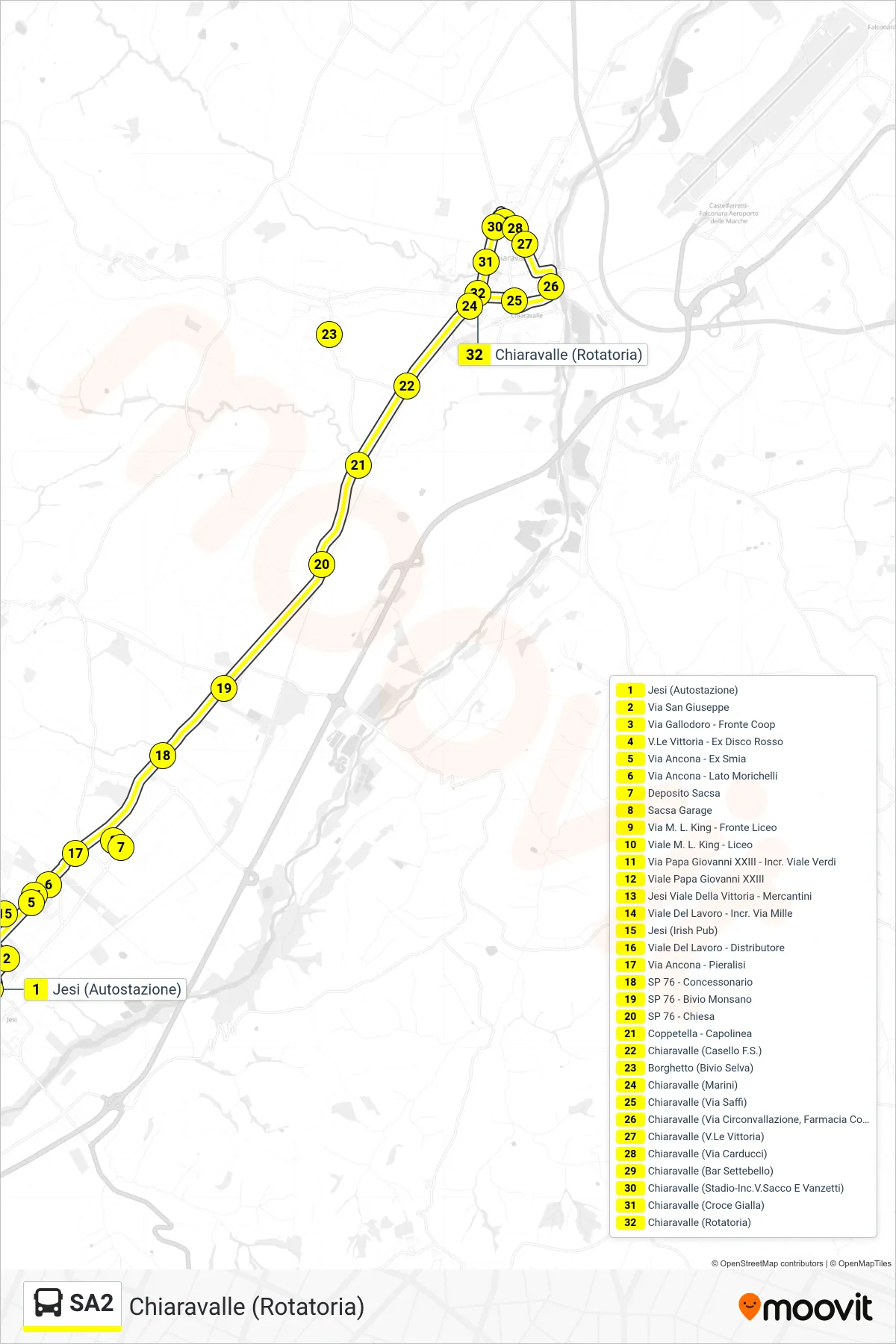 SA2 bus Line (Chiaravalle (Roundabout)) route and stops on a map