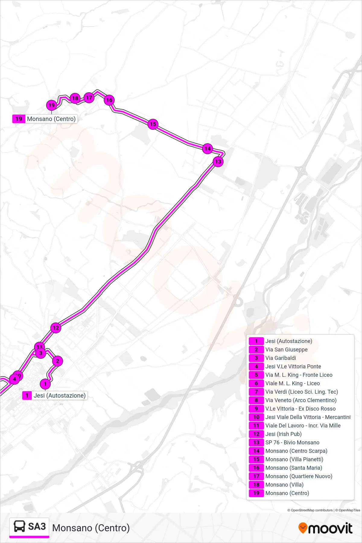 Linea SA3 bus (Monsano (Centro)) - Percorsi e fermate sulla mappa