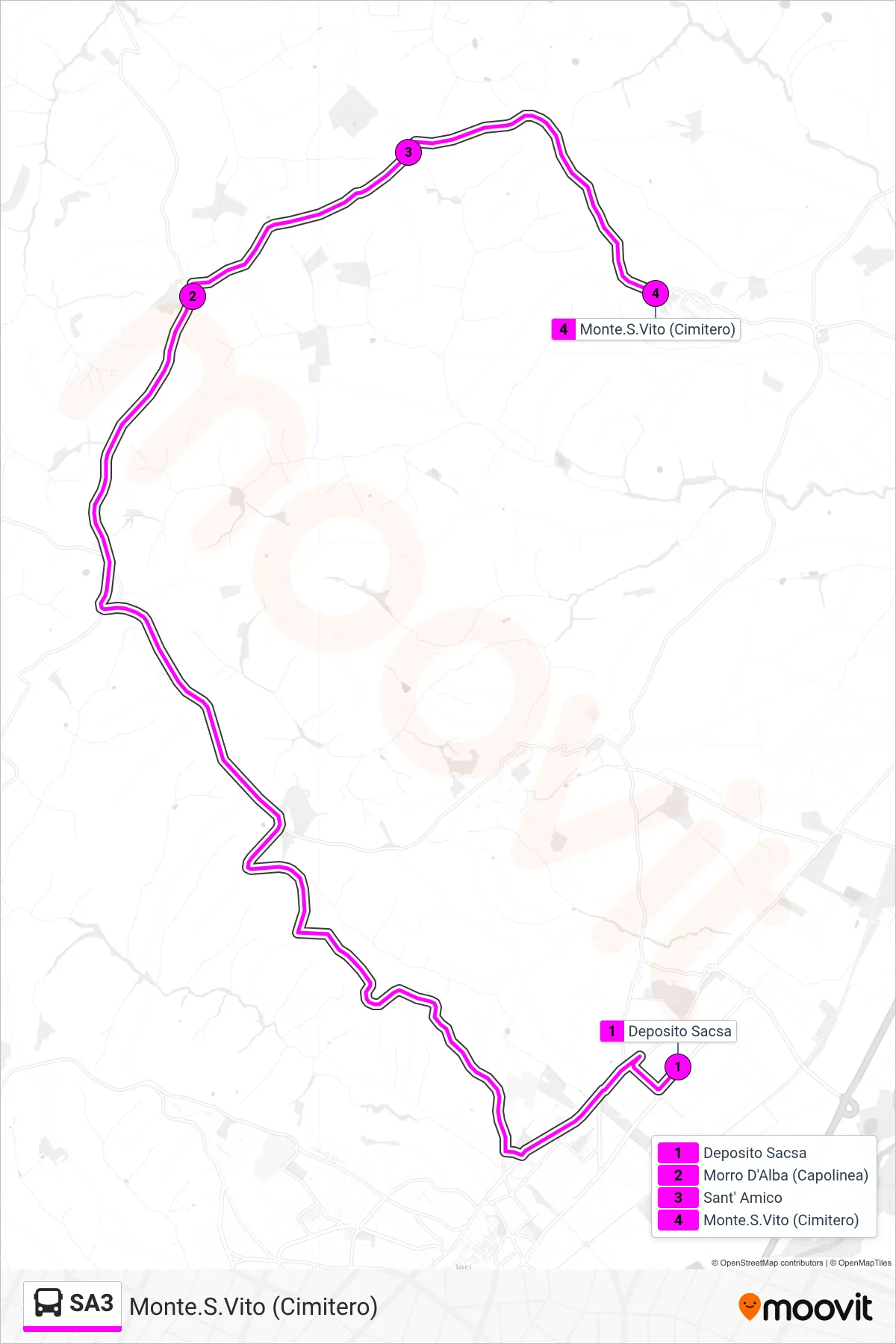 Linea SA3  bus (Monte.S.Vito (Cimitero)) - Percorsi e fermate sulla mappa