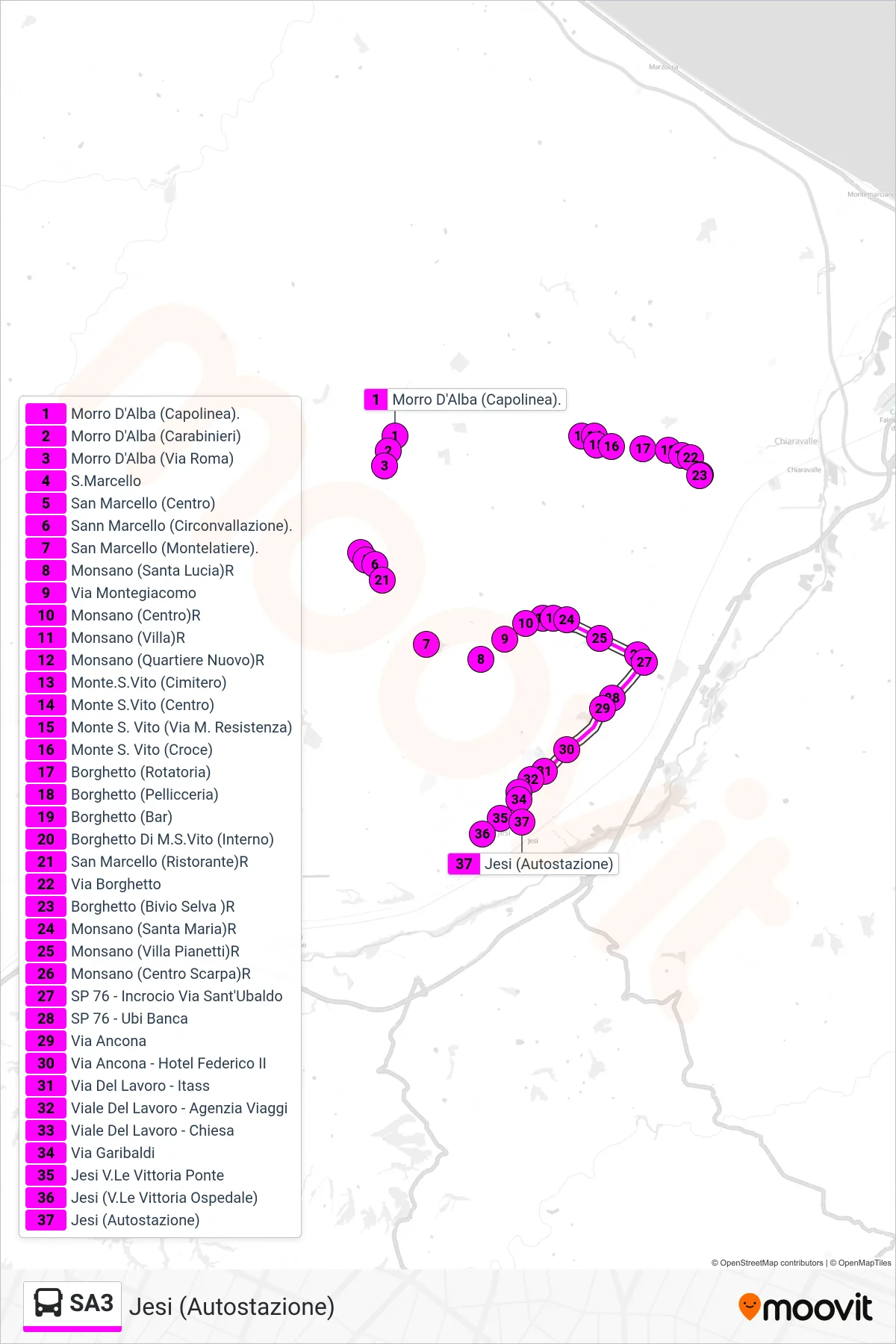 Linea SA3 bus (Jesi (Autostazione)) - Percorsi e fermate sulla mappa