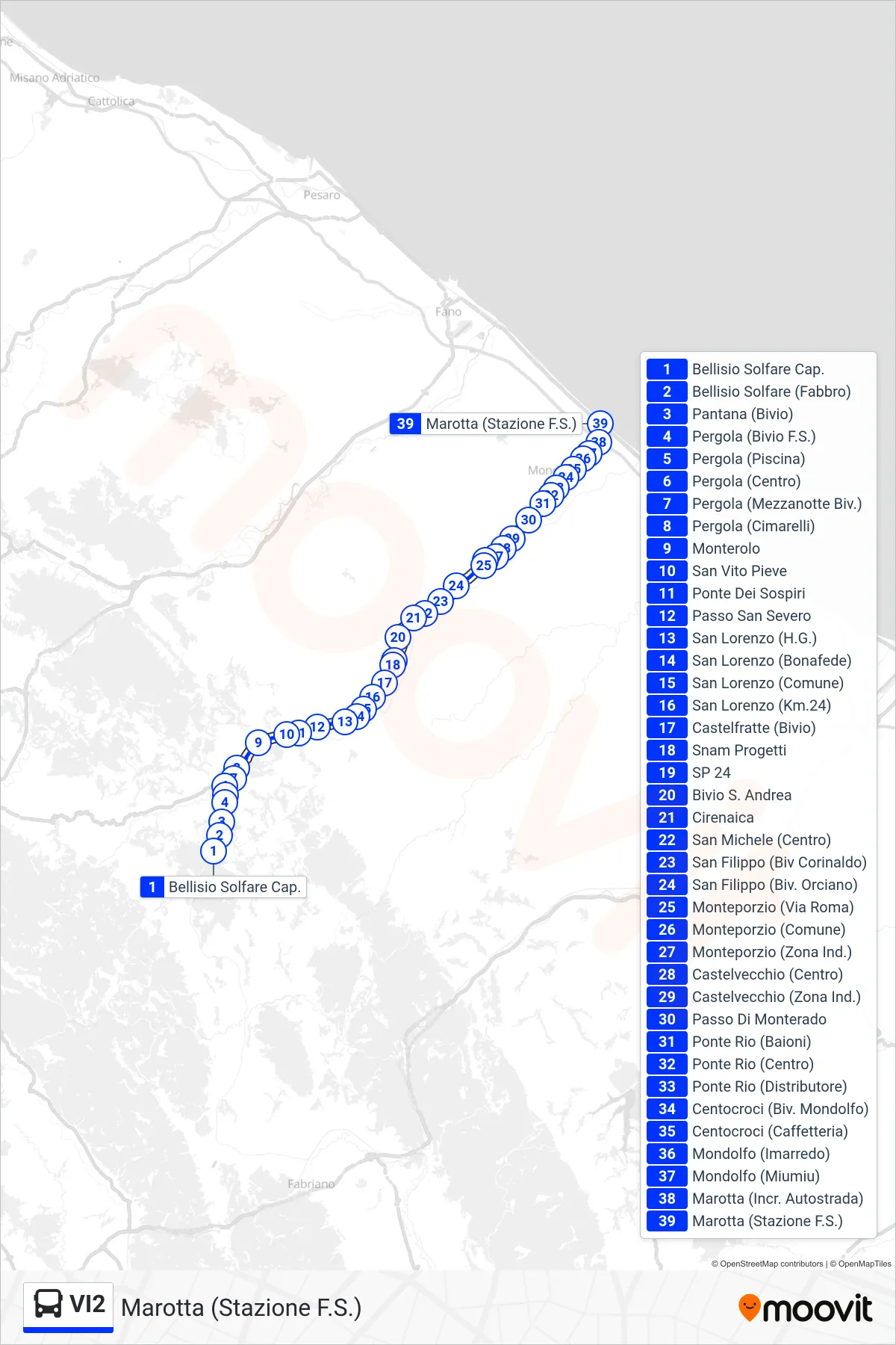 Linea VI2 bus (Marotta (Stazione F.S.)) - Percorsi e fermate sulla mappa