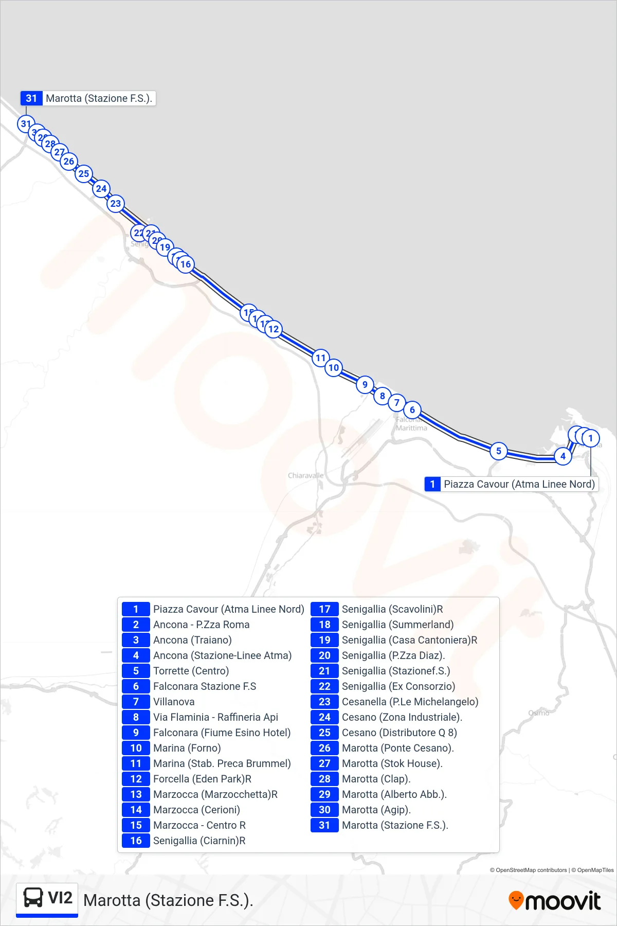 Linea VI2 bus (Marotta (Stazione F.S.).) - Percorsi e fermate sulla mappa