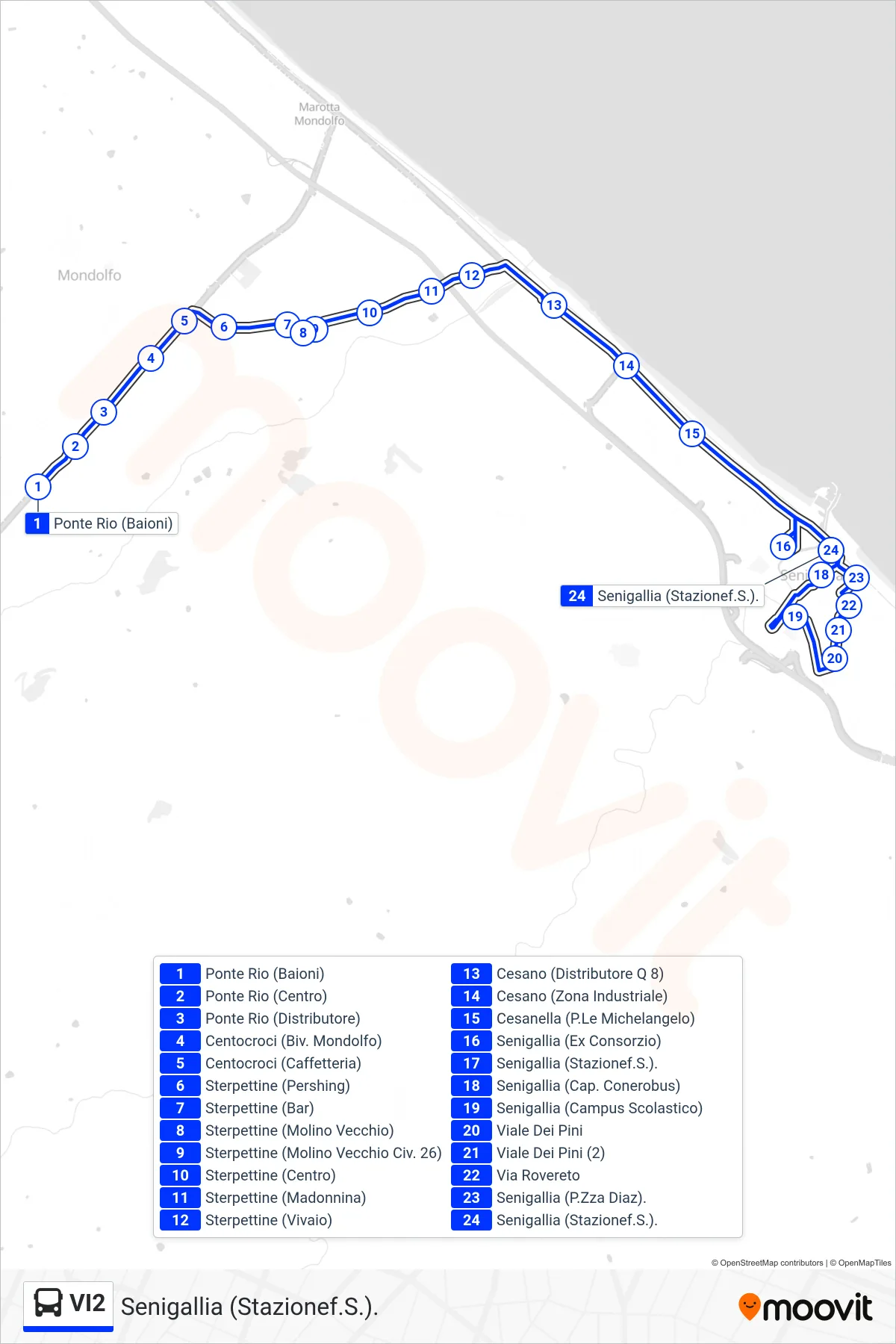 Linea VI2  bus (Senigallia (Stazionef.S.).) - Percorsi e fermate sulla mappa