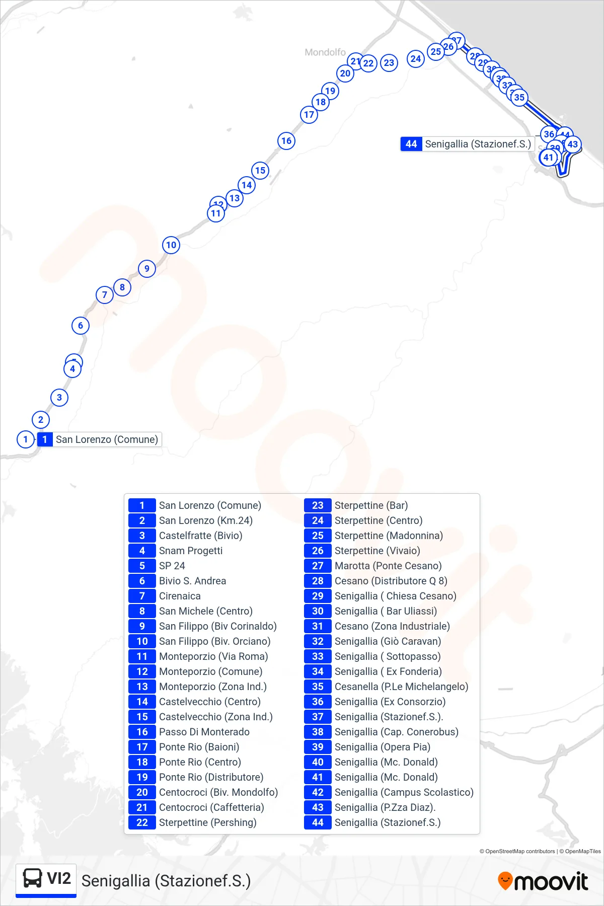 Linea VI2 bus (Senigallia (Stazionef.S.)) - Percorsi e fermate sulla mappa