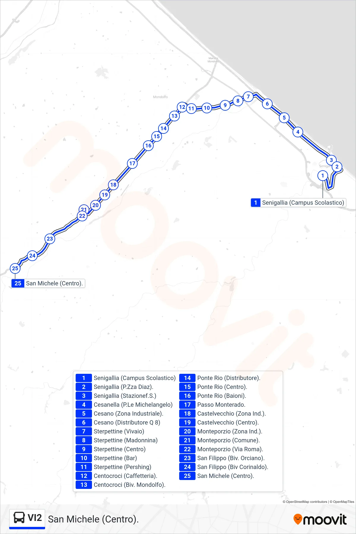 VI2 bus Line (San Michele (Center)) route and stops on a map