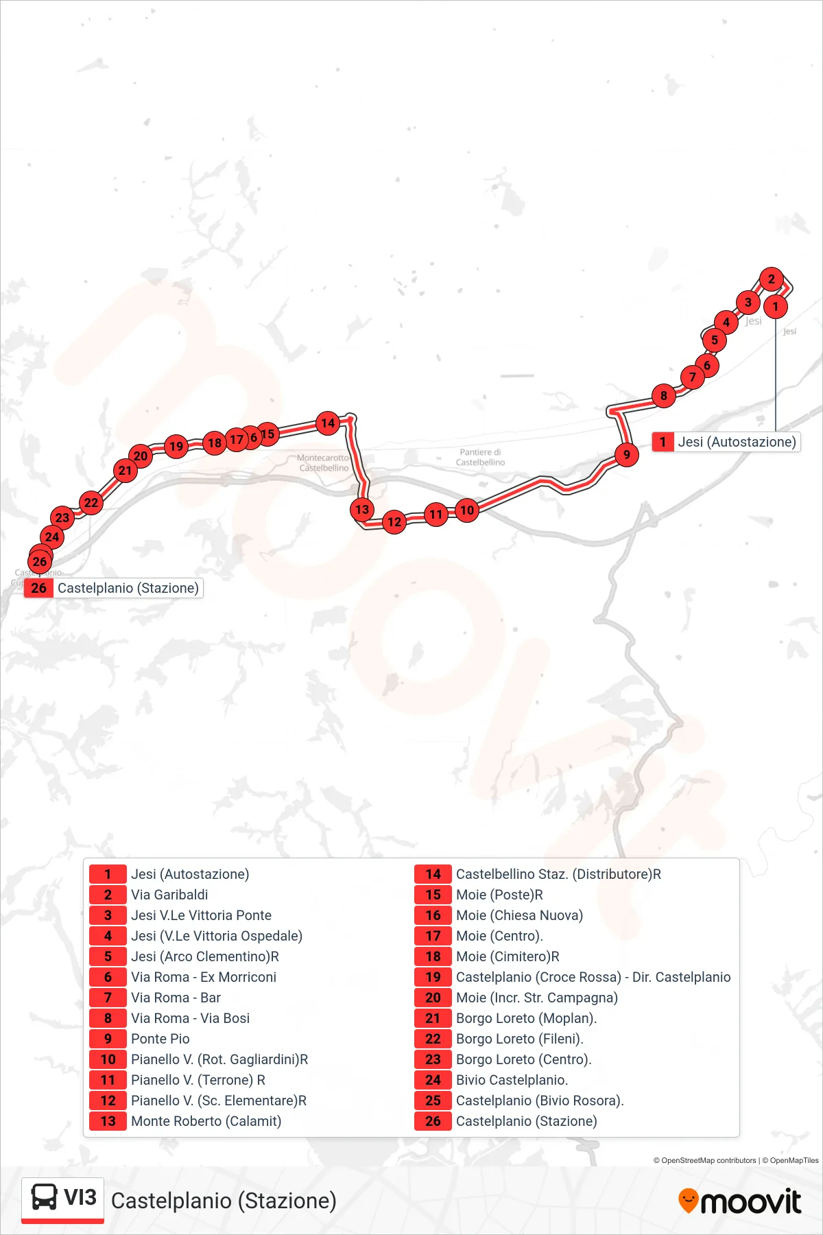 Linea VI3 bus (Castelplanio (Stazione)) - Percorsi e fermate sulla mappa